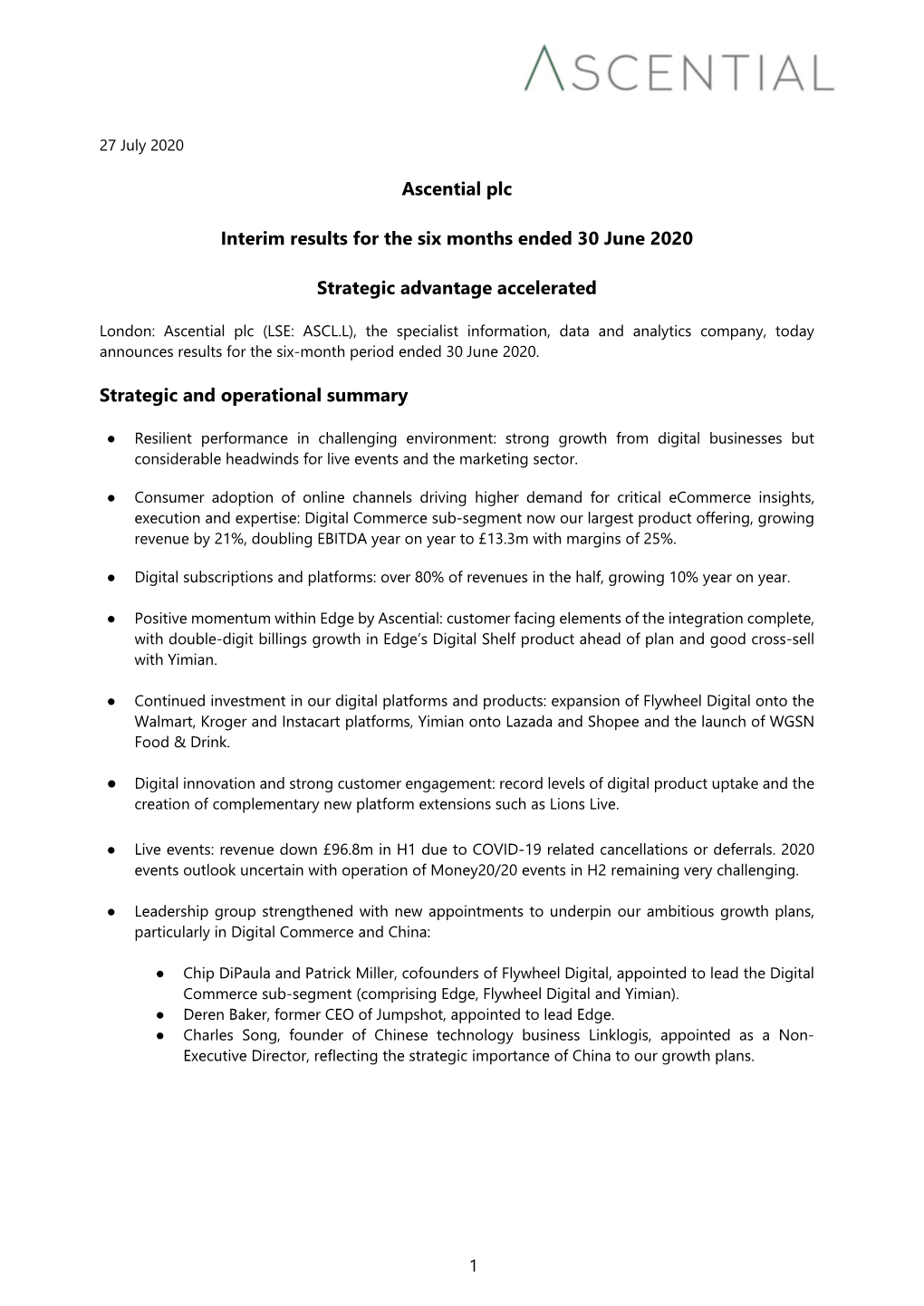 Ascential Plc Interim Results for the Six Months Ended 30 June 2020