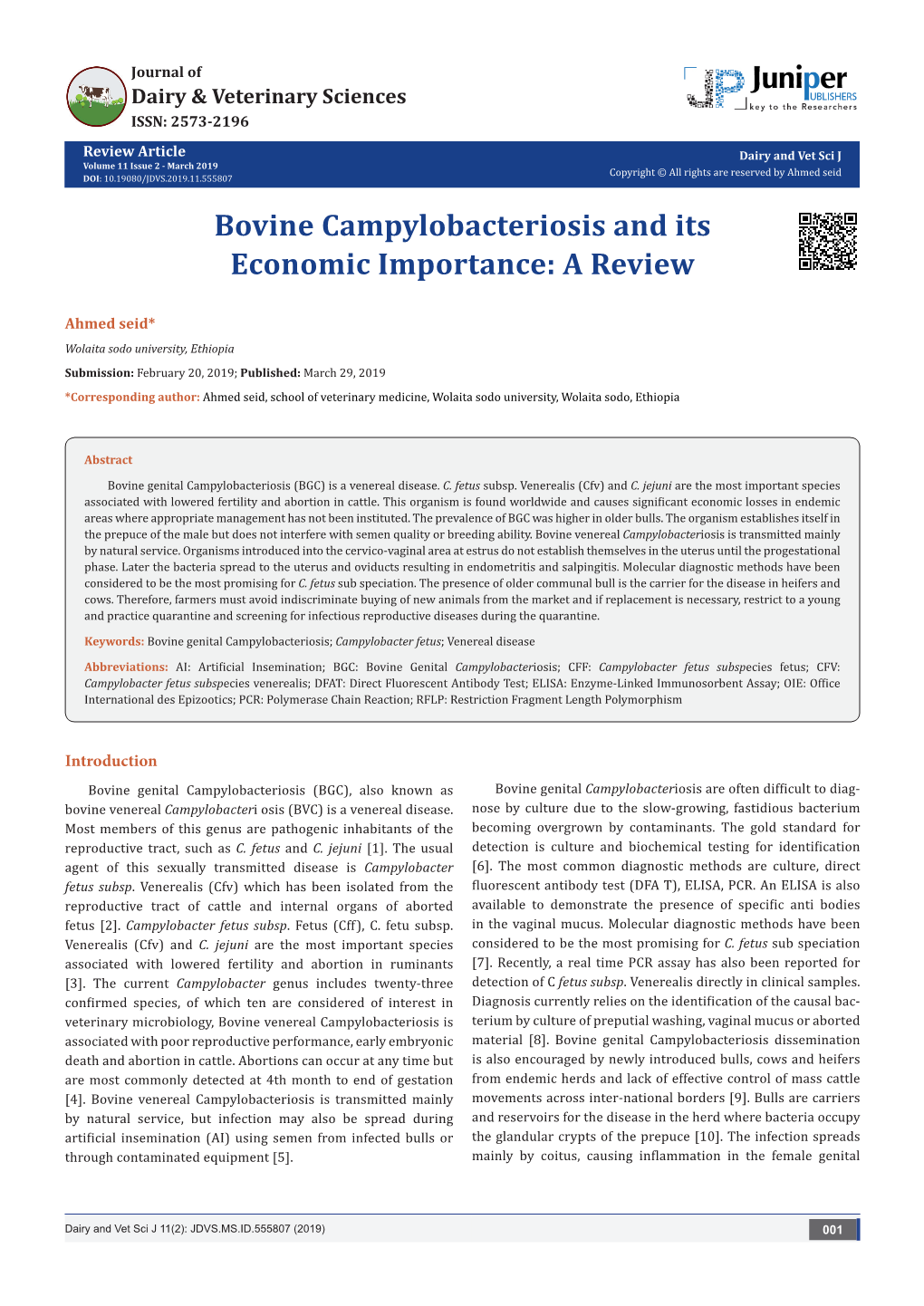 Bovine Campylobacteriosis and Its Economic Importance: a Review