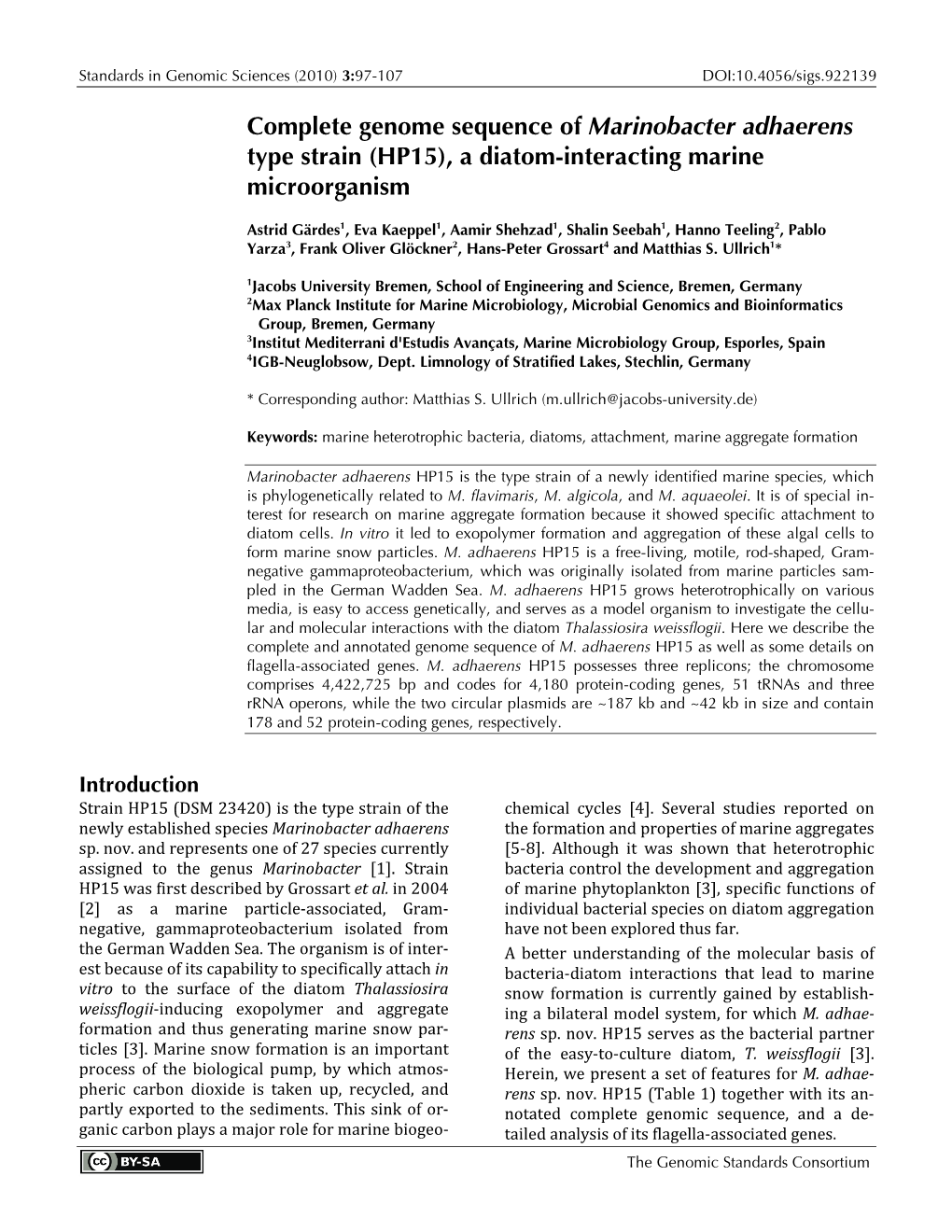 Marinobacter Adhaerens Type Strain (HP15), a Diatom-Interacting Marine Microorganism