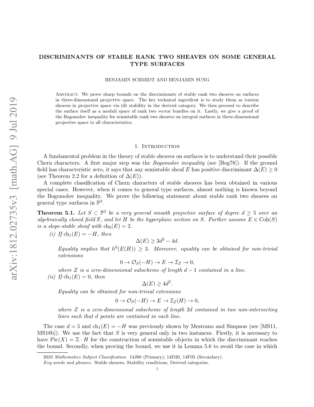 Discriminants of Stable Rank Two Sheaves on Some General Type