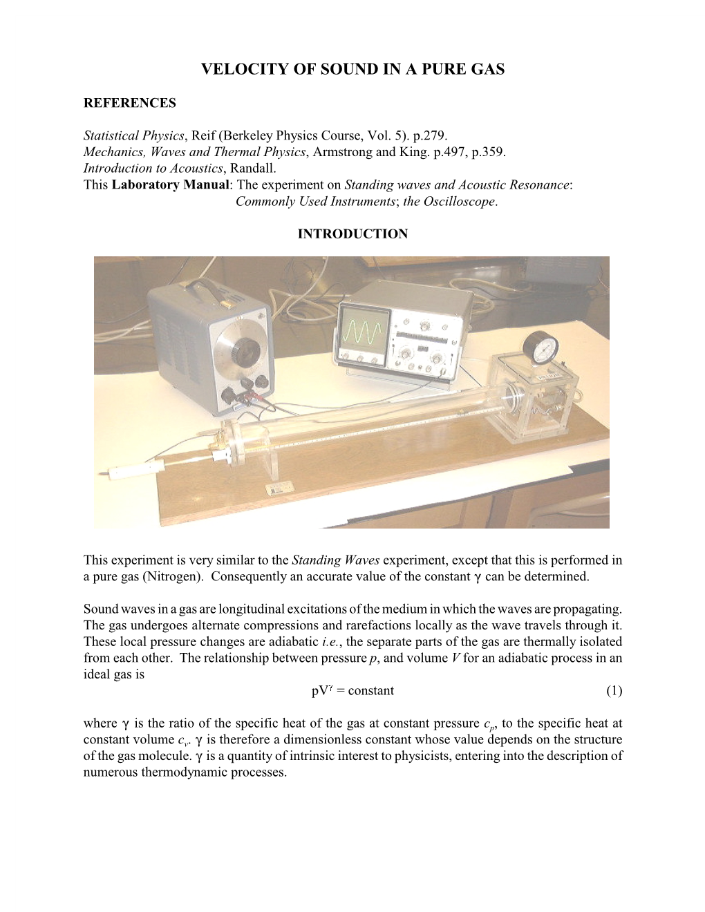 Velocity of Sound in a Pure Gas