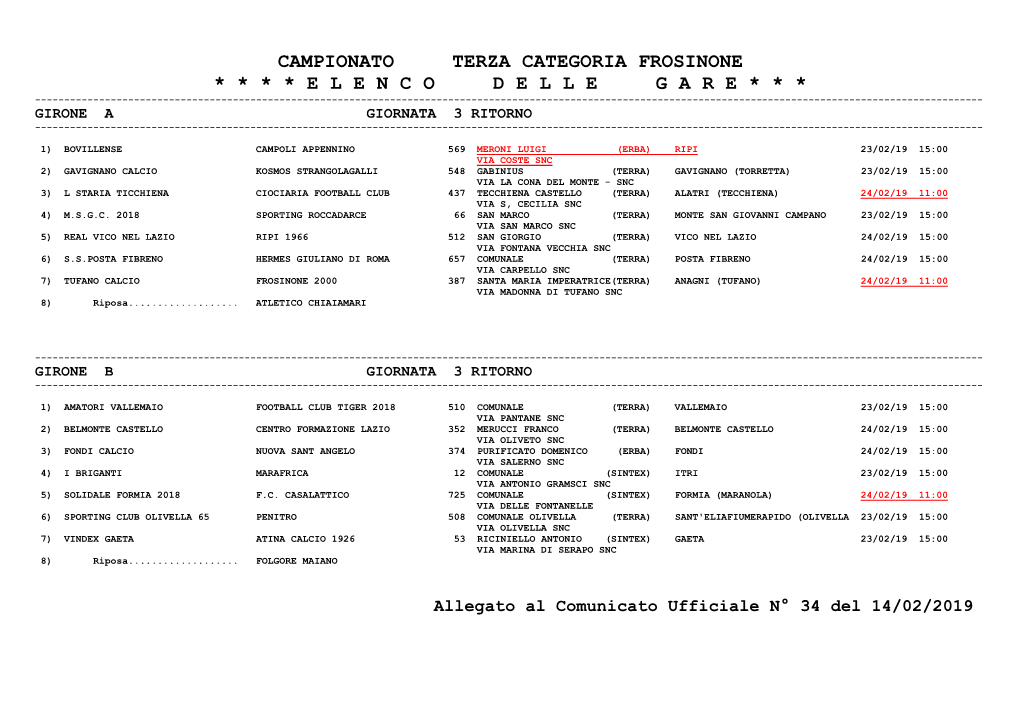 Campionato 33 Terza Categoria Frosinone