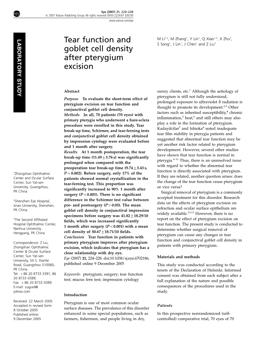 Tear Function and Goblet Cell Density After Pterygium Excision