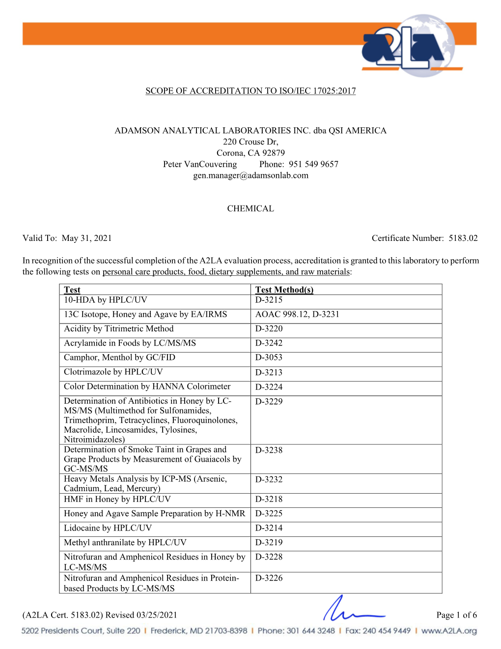 Revised 03/25/2021 Page 1 of 6 SCOPE of ACCREDITATION TO