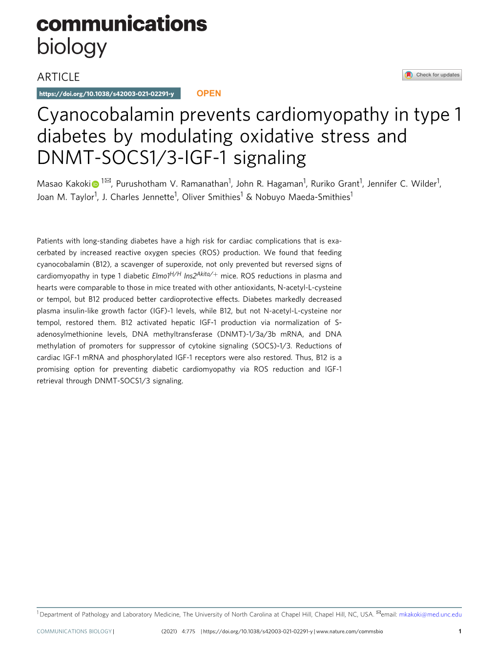 Cyanocobalamin Prevents Cardiomyopathy in Type 1 Diabetes by Modulating Oxidative Stress and DNMT-SOCS1/3-IGF-1 Signaling ✉ Masao Kakoki 1 , Purushotham V
