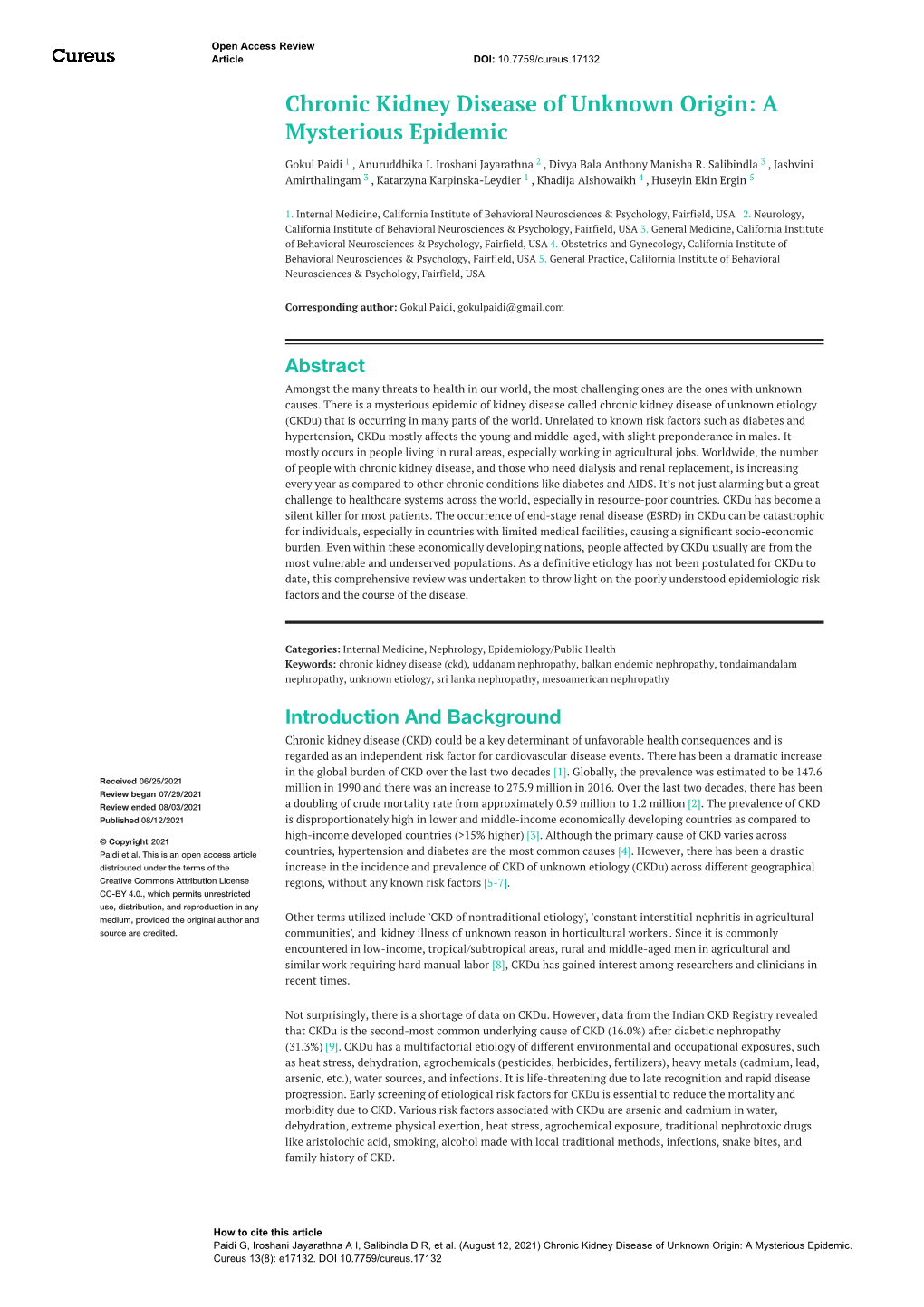 Chronic Kidney Disease of Unknown Origin: a Mysterious Epidemic