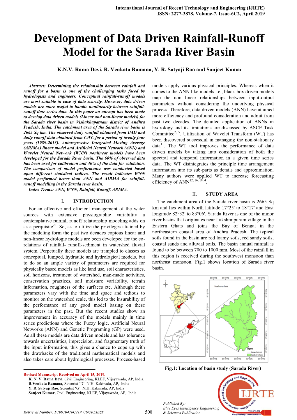 Development of Data Driven Rainfall-Runoff Model for the Sarada River Basin