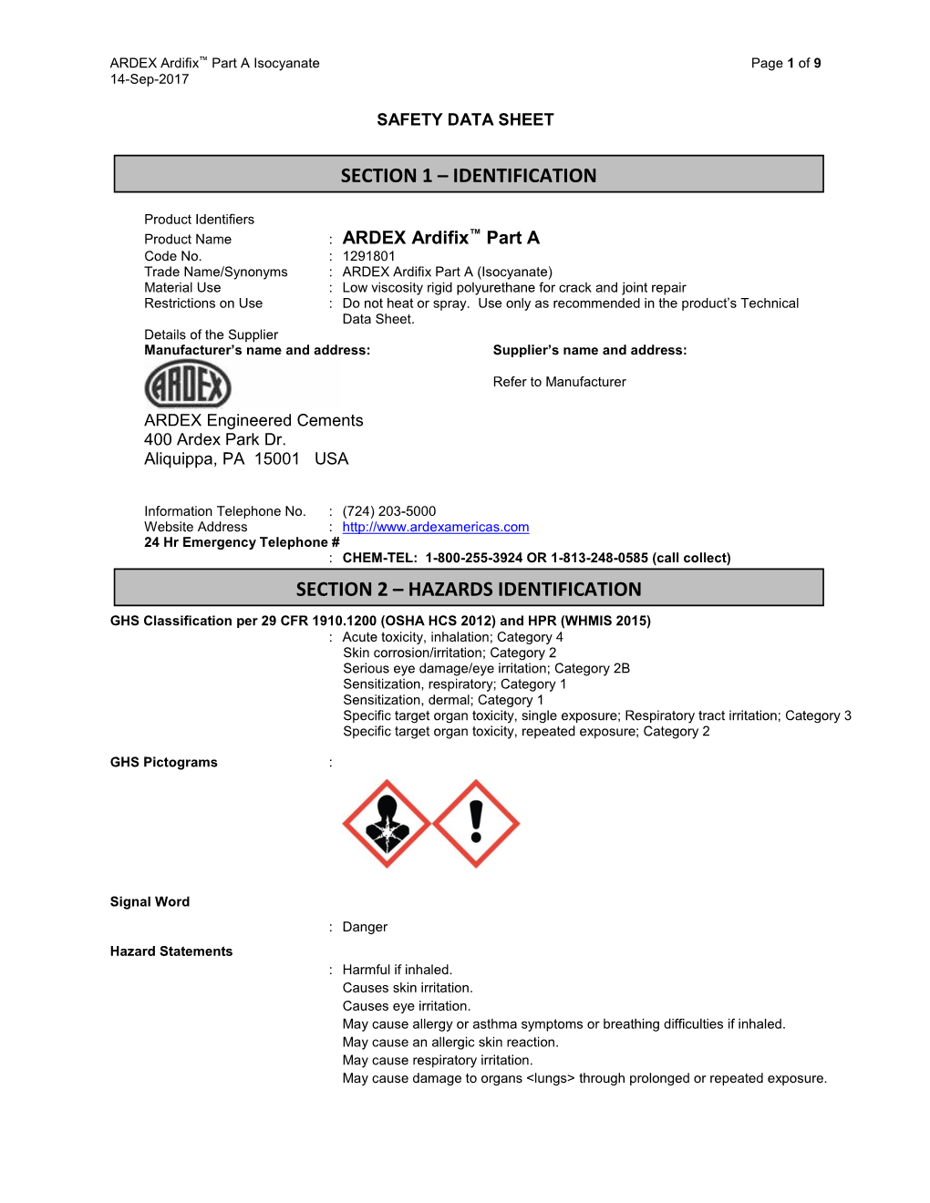 Safety Data Sheet Part a Isocyanate