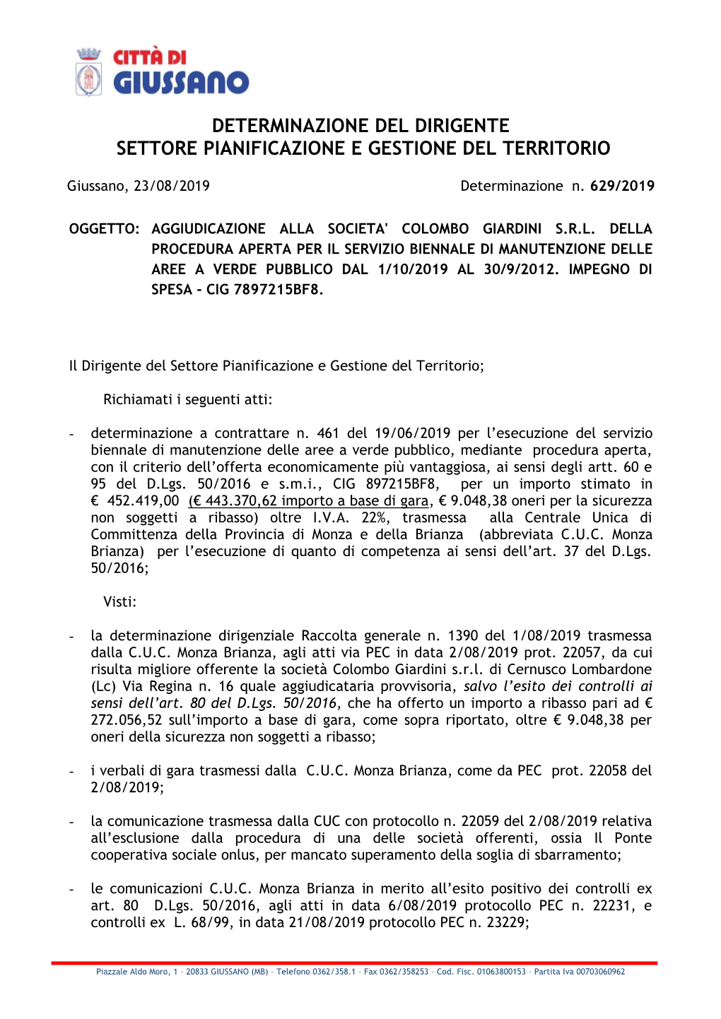 Determinazione Del Dirigente Settore Pianificazione E Gestione Del Territorio