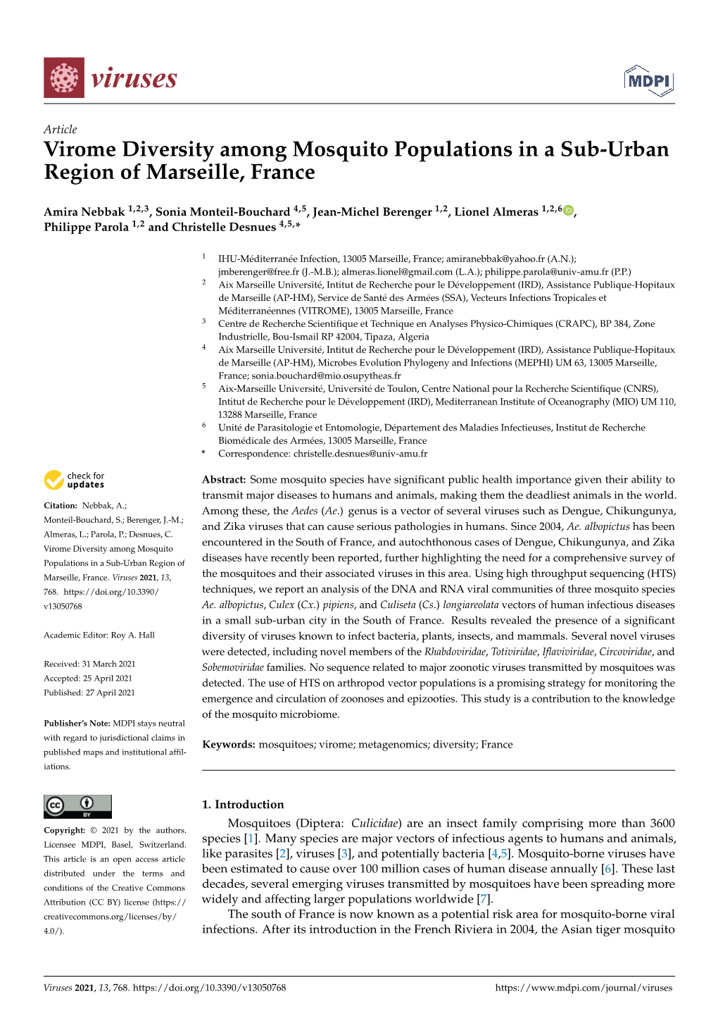 Virome Diversity Among Mosquito Populations in a Sub-Urban Region of Marseille, France