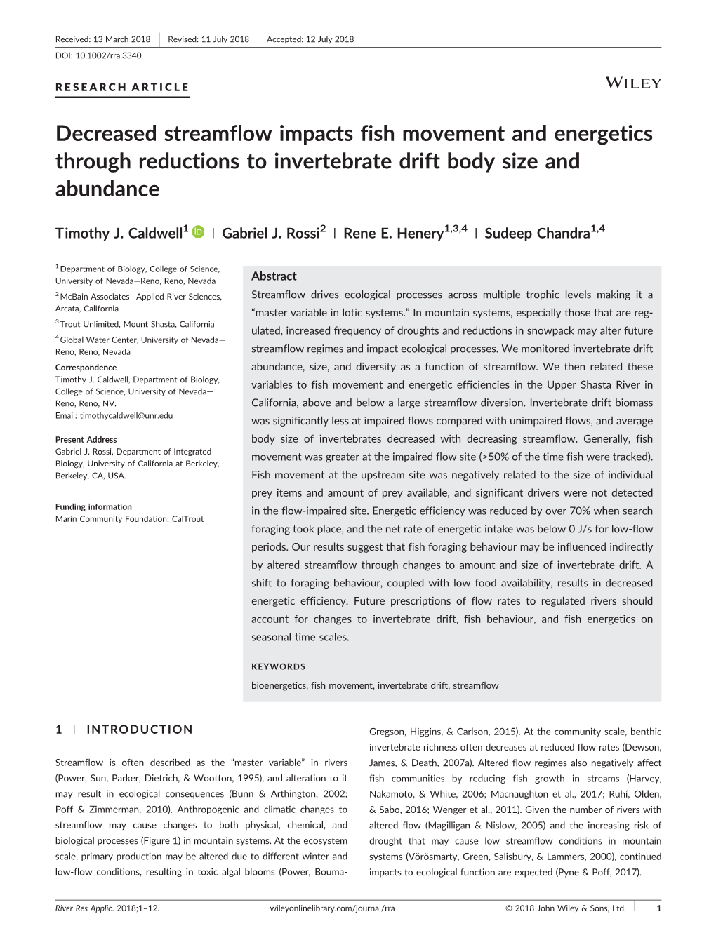 Decreased Streamflow Impacts Fish Movement and Energetics Through Reductions to Invertebrate Drift Body Size and Abundance