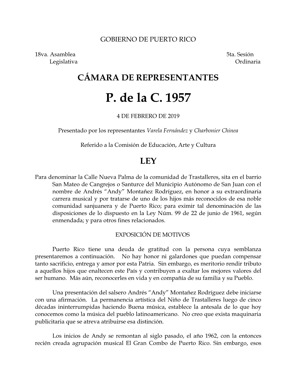 CÁMARA DE REPRESENTANTES P. De La C. 1957