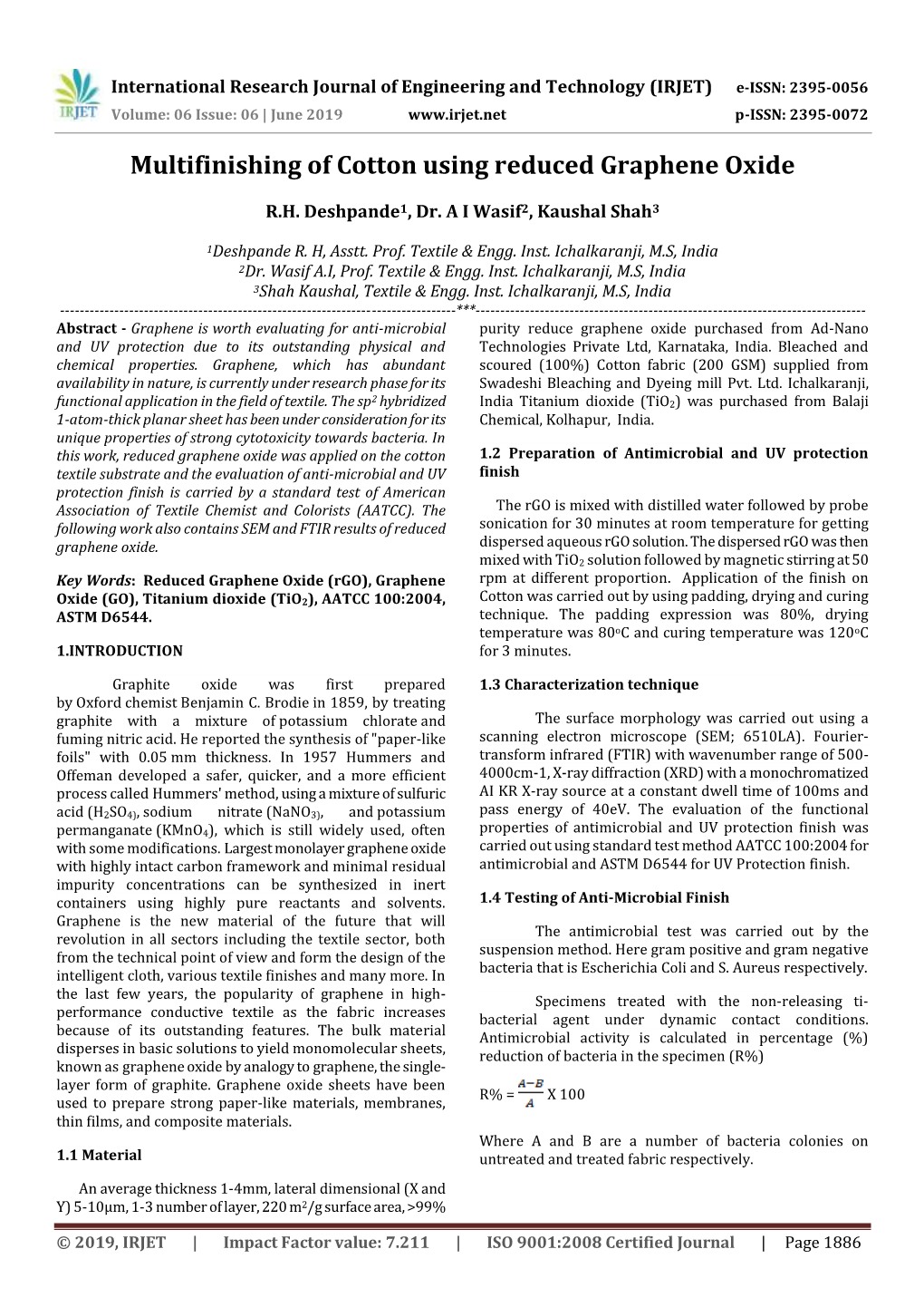 Multifinishing of Cotton Using Reduced Graphene Oxide