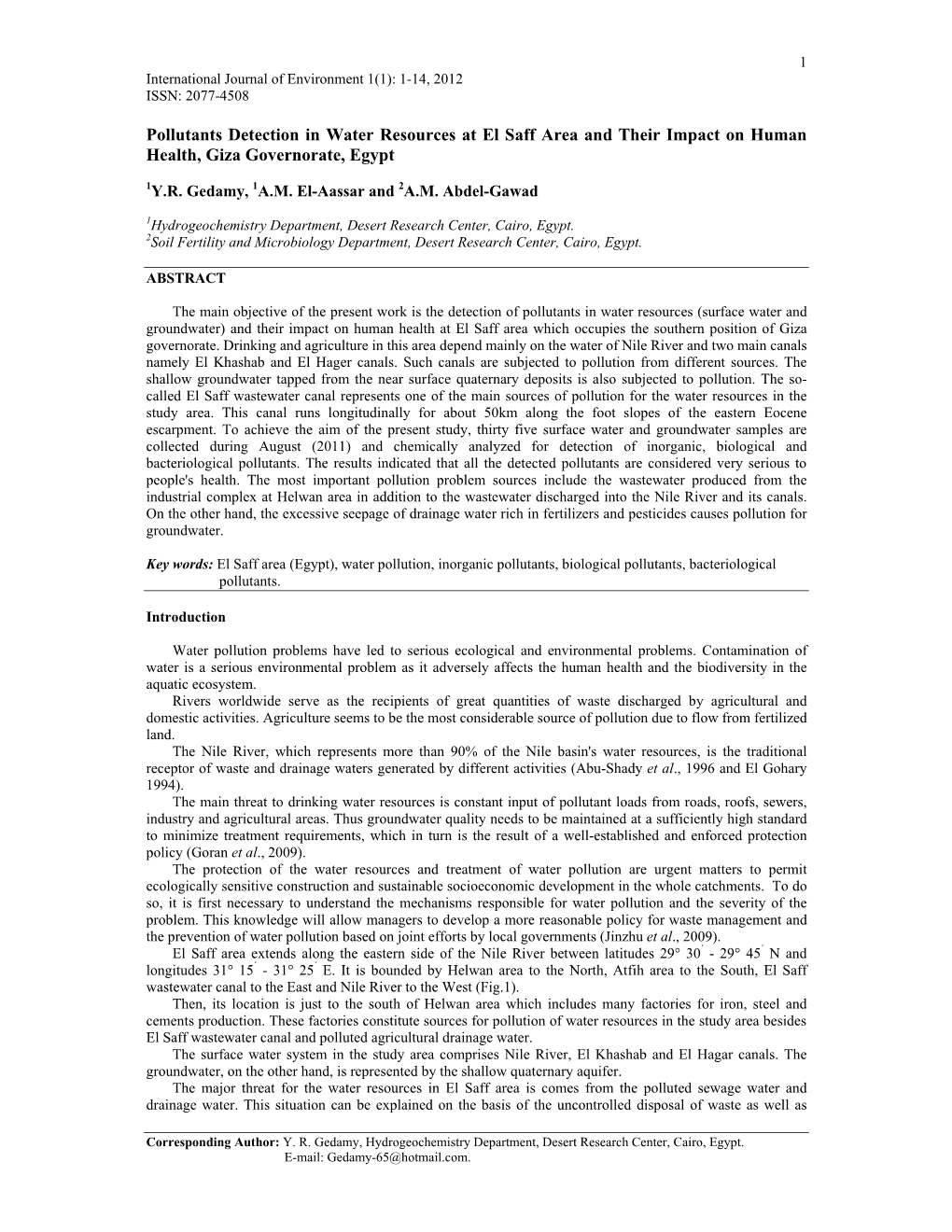 Pollutants Detection in Water Resources at El Saff Area and Their Impact on Human Health, Giza Governorate, Egypt