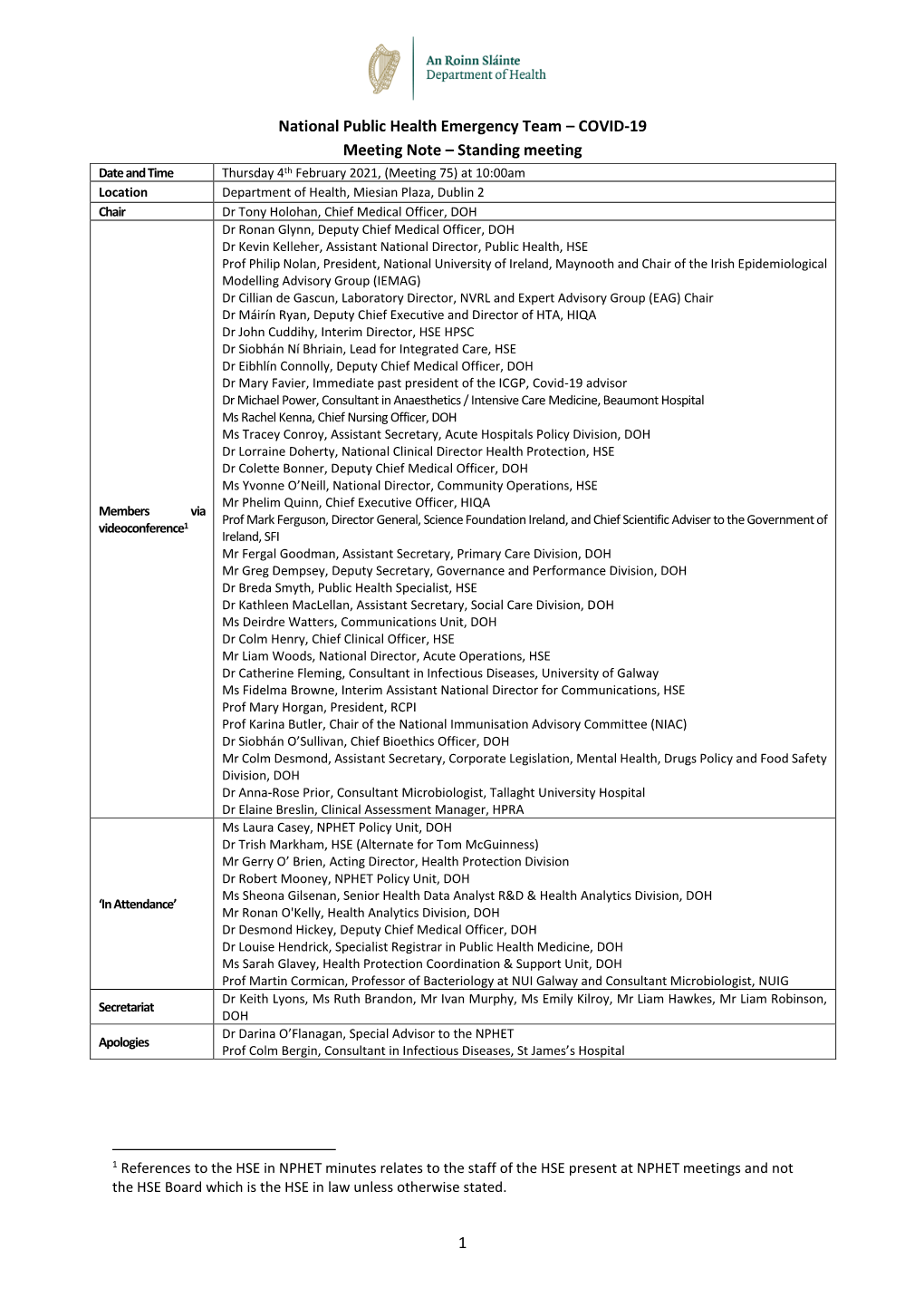 1 National Public Health Emergency Team – COVID-19 Meeting Note