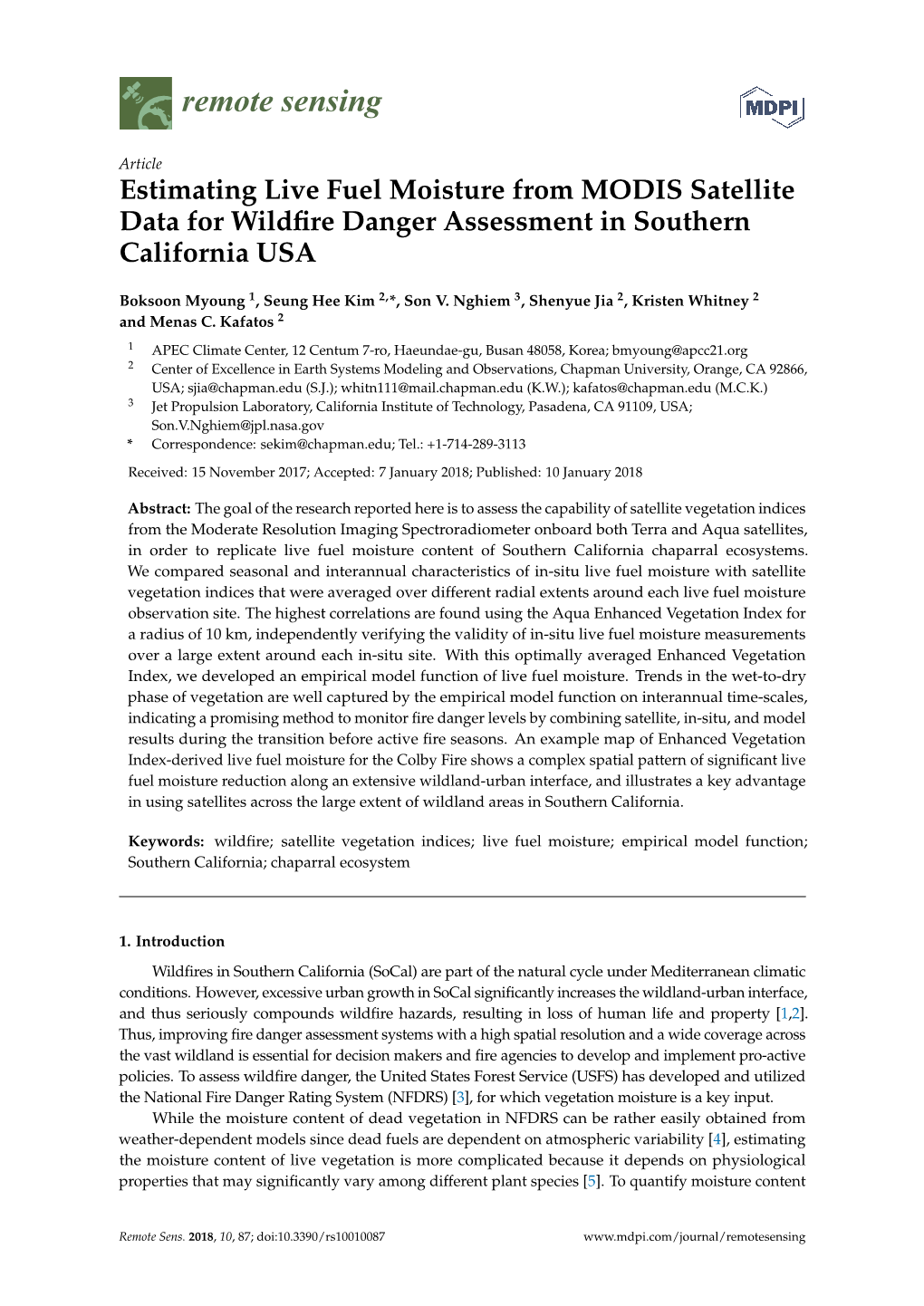 Estimating Live Fuel Moisture from MODIS Satellite Data for Wildfire Danger Assessment in Southern California