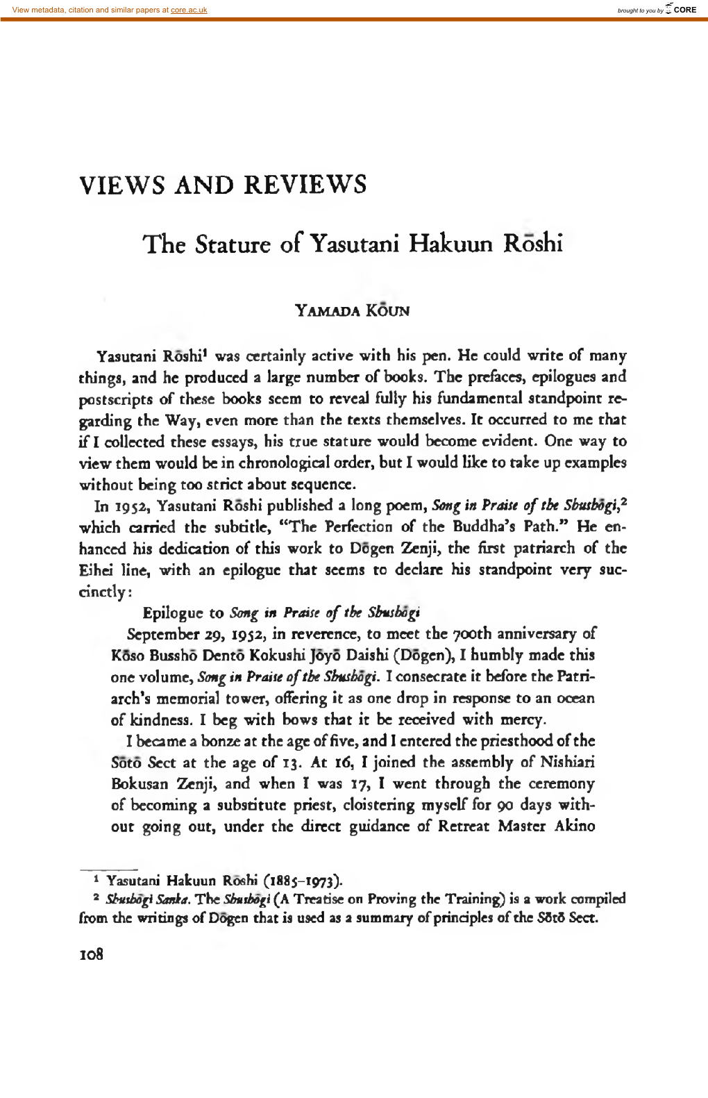 VIEWS and REVIEWS the Stature of Yasutani Hakuun Roshi