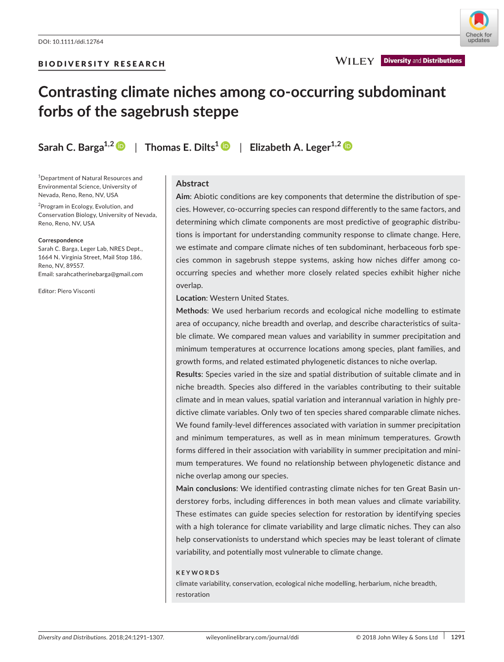 Contrasting Climate Niches Among Co-Occurring Subdominant Forbs Of