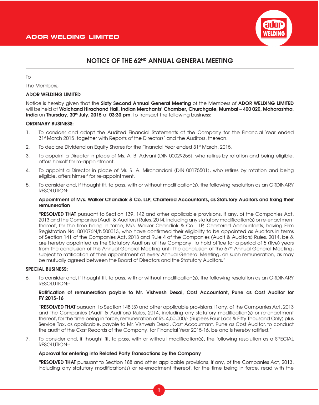 Notice of the 62Nd Annual General Meeting