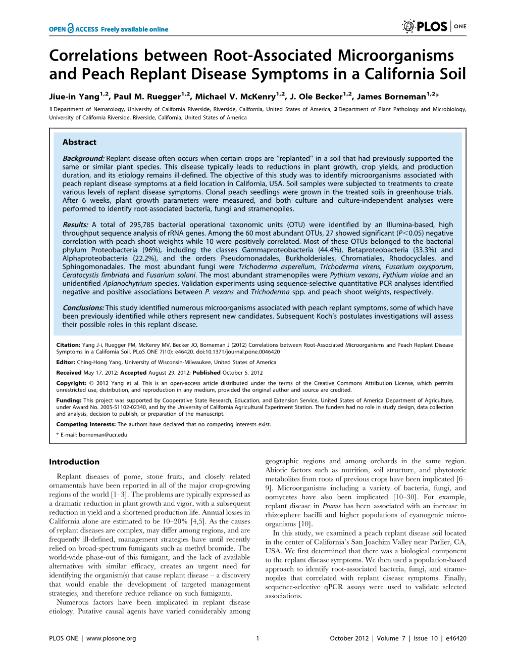 Correlations Between Root-Associated Microorganisms and Peach Replant Disease Symptoms in a California Soil