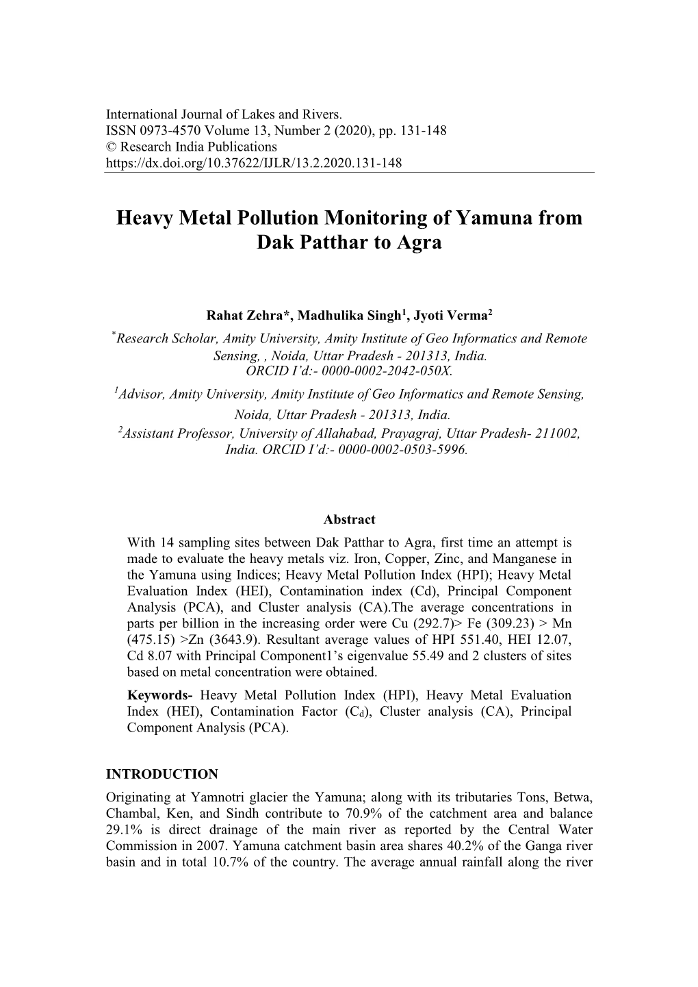 Heavy Metal Pollution Monitoring of Yamuna from Dak Patthar to Agra