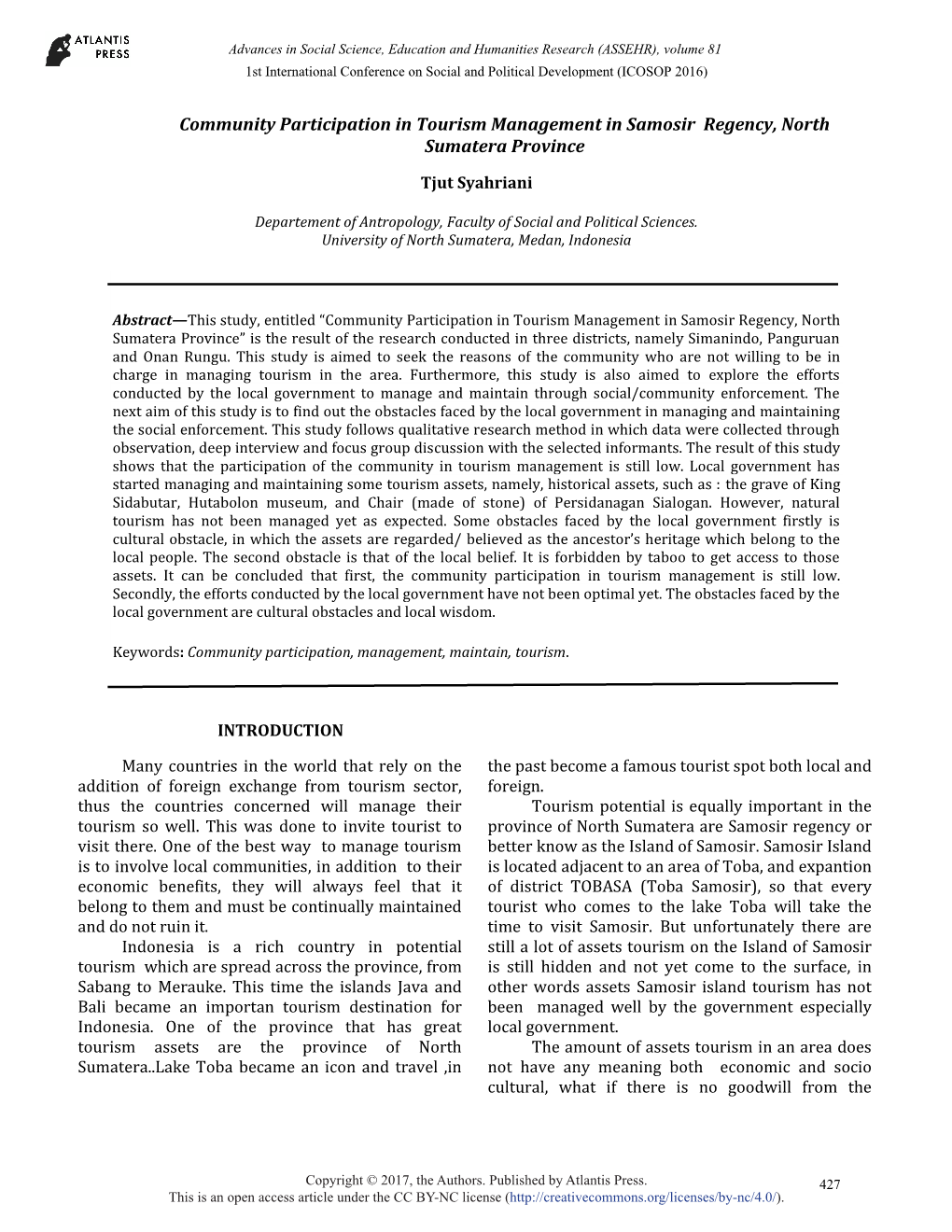 Community Participation in Tourism Management in Samosir Regency, North Sumatera Province