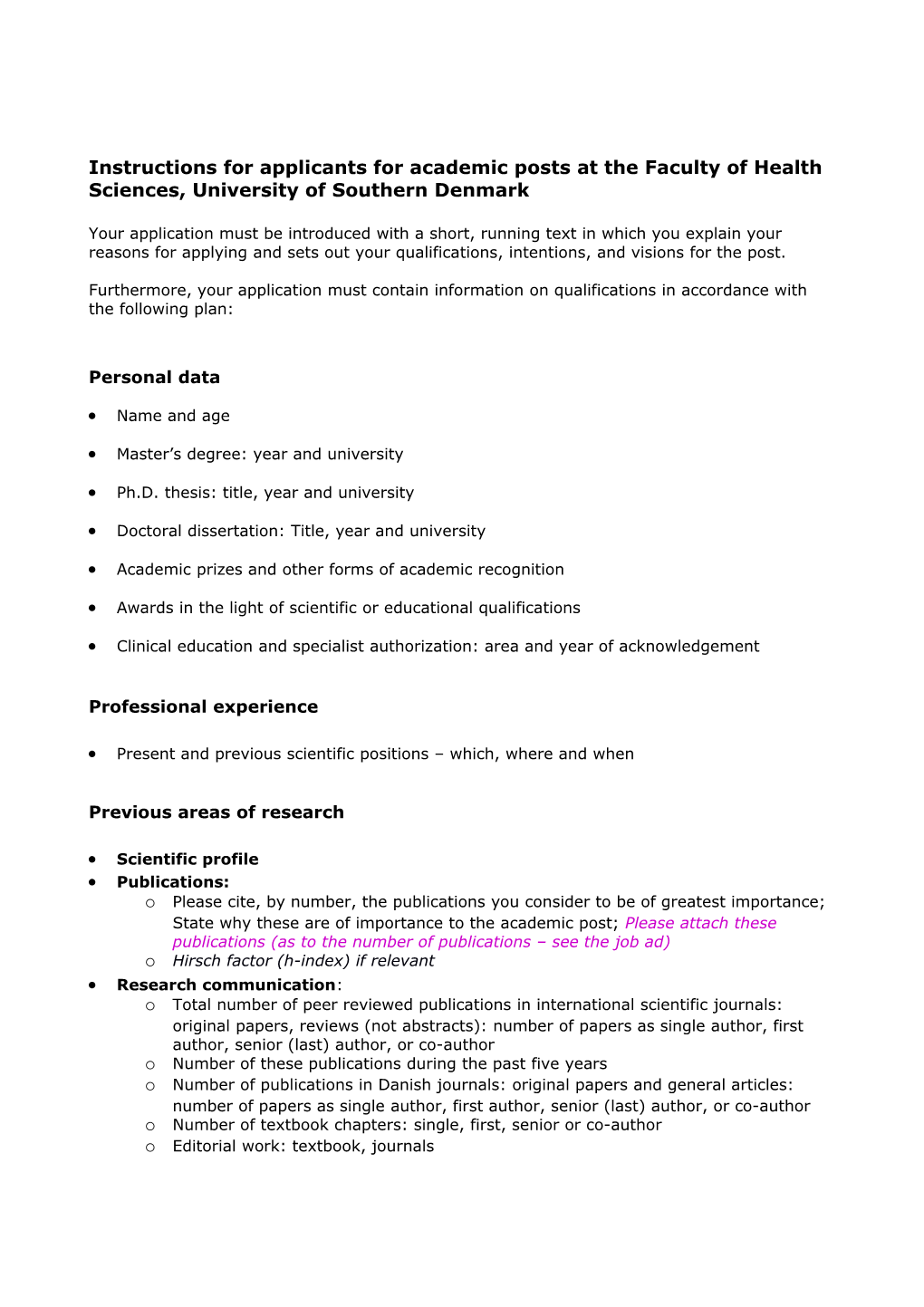 Instructions for Applicants for Academic Posts at the Faculty of Health Sciences, University