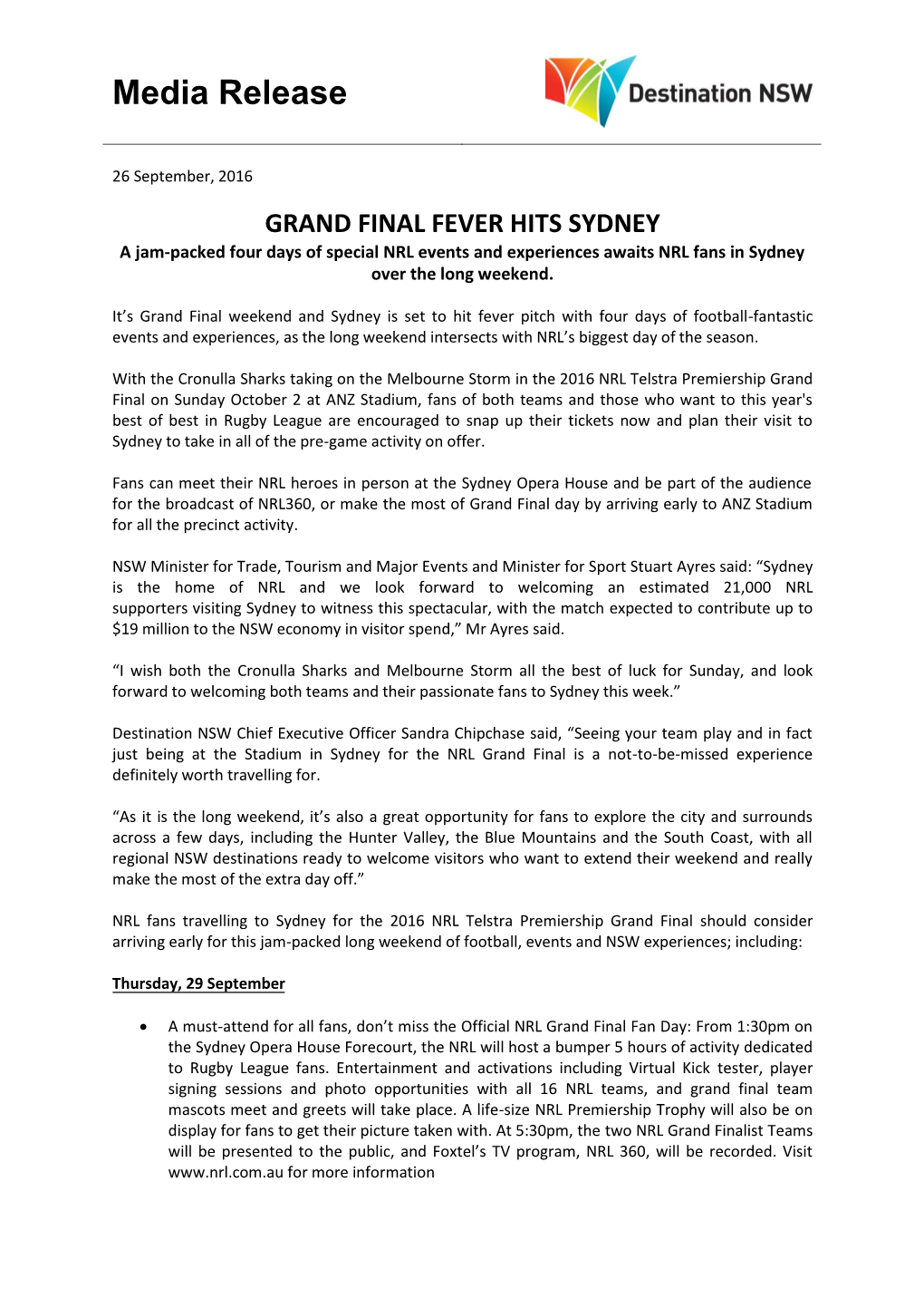 Media Release: Grand Final Fever Hits Sydney