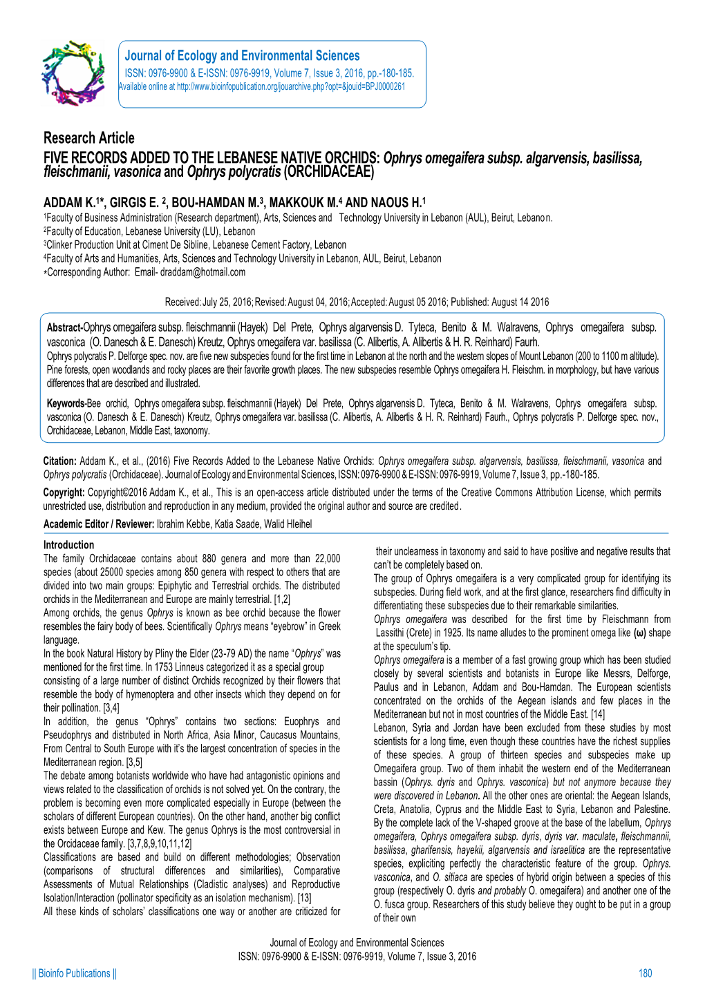 Research Article FIVE RECORDS ADDED to the LEBANESE NATIVE ORCHIDS: Ophrys Omegaifera Subsp