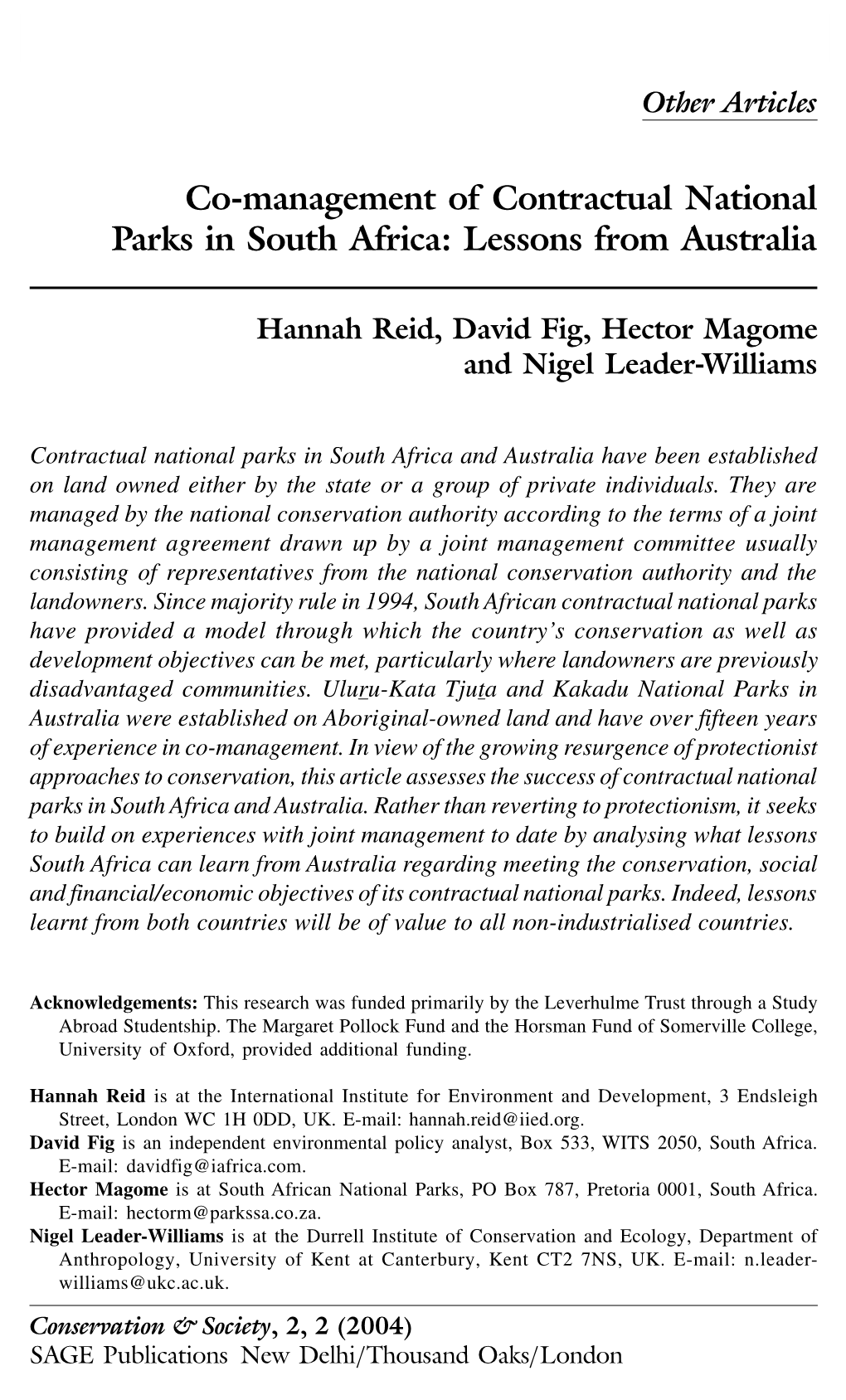 Co-Management of Contractual National Parks in South Africa / 377