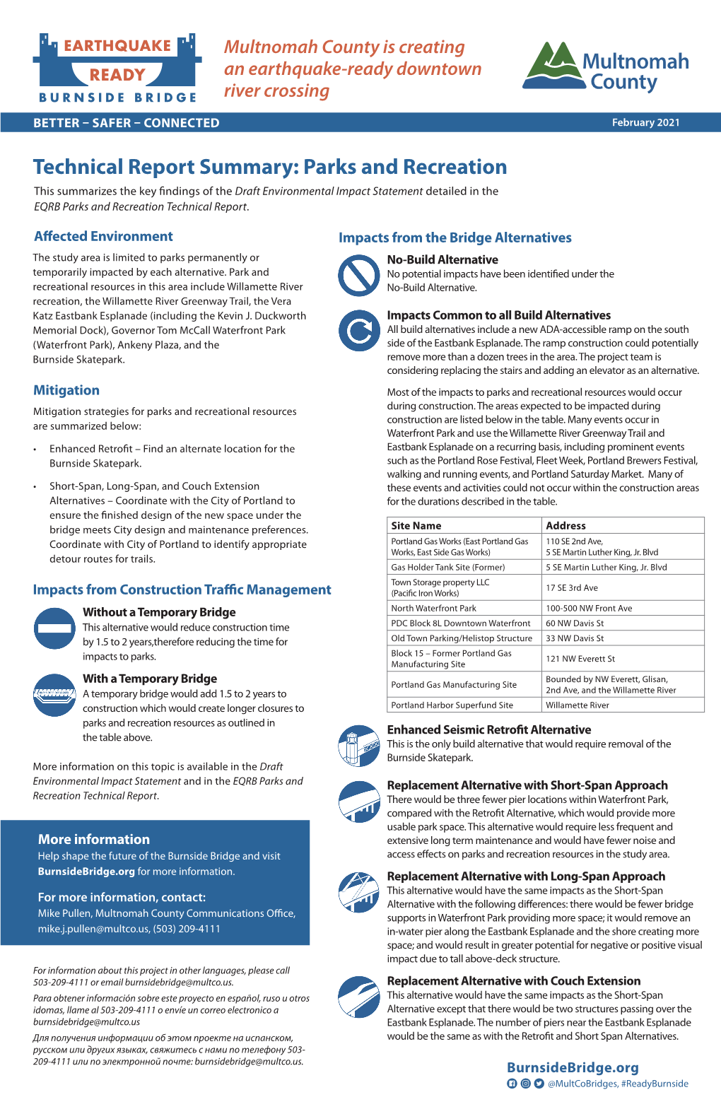 Parks and Recreation This Summarizes the Key Findings of Thedraft Environmental Impact Statement Detailed in the EQRB Parks and Recreation Technical Report