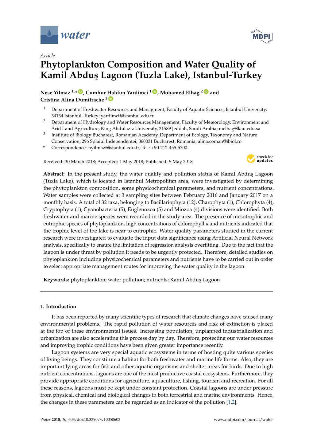 Phytoplankton Composition and Water Quality of Kamil Abdus