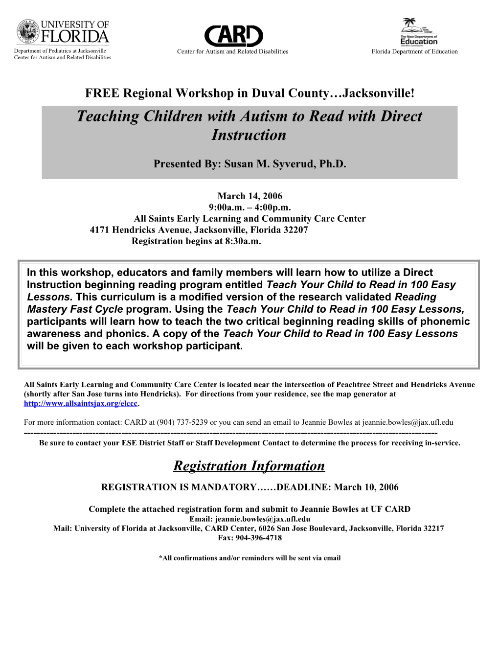 FREE Regional Workshop in Duval County Jacksonville!