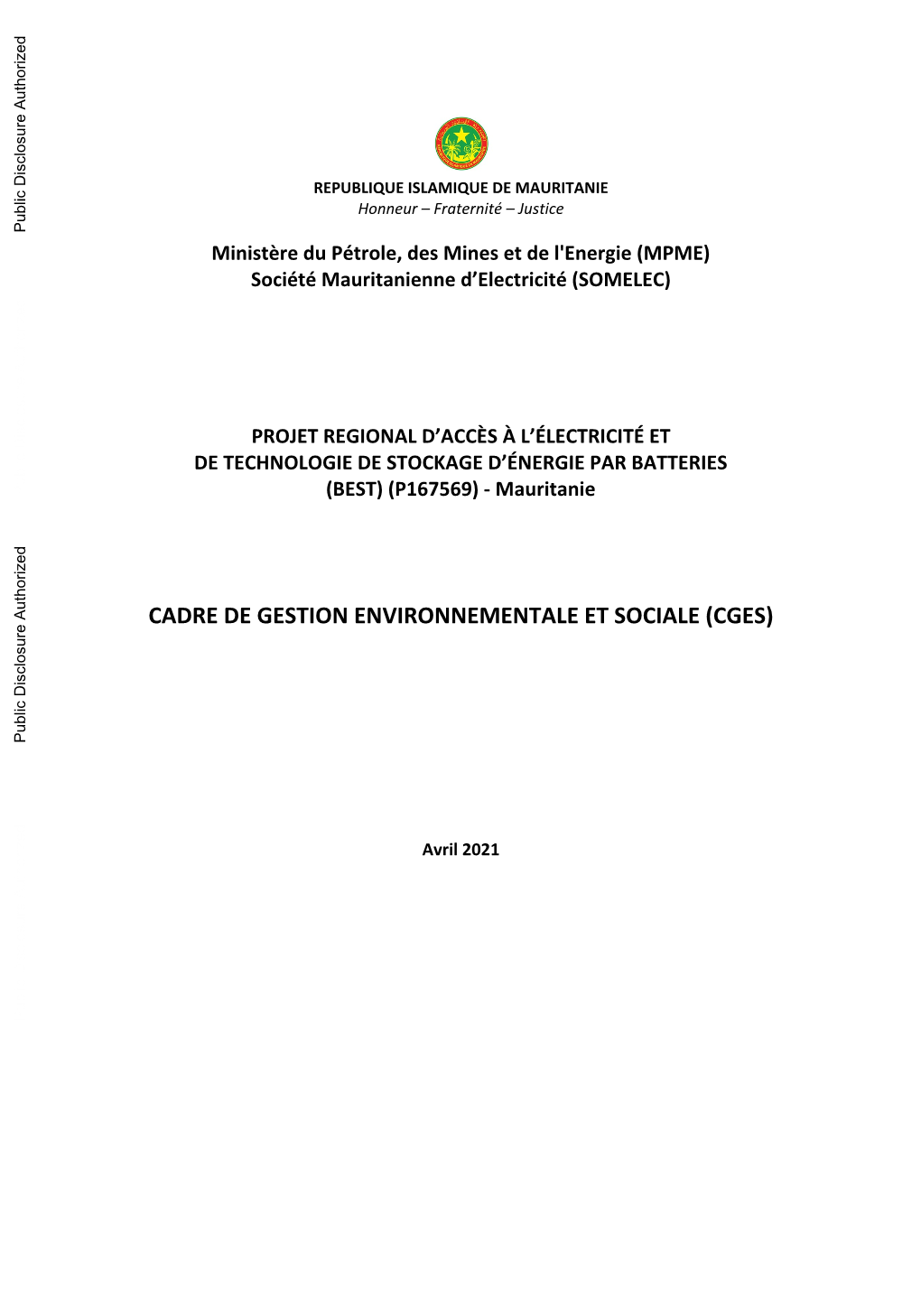 Cadre De Gestion Environnementale Et Sociale (Cges)