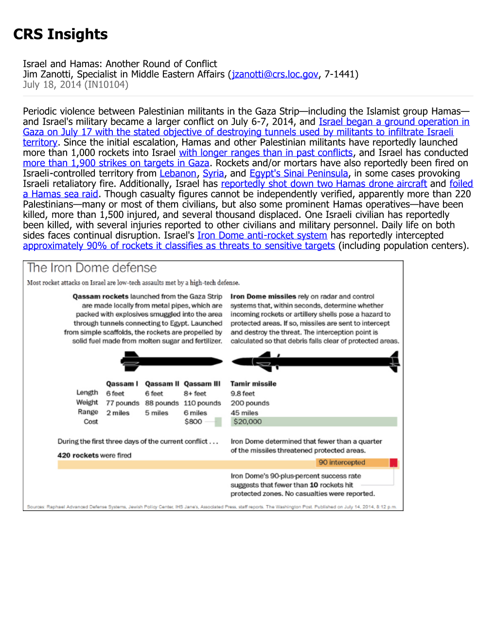 Israel and Hamas: Another Round of Conflict Jim Zanotti, Specialist in Middle Eastern Affairs (Jzanotti@Crs.Loc.Gov, 7-1441) July 18, 2014 (IN10104)