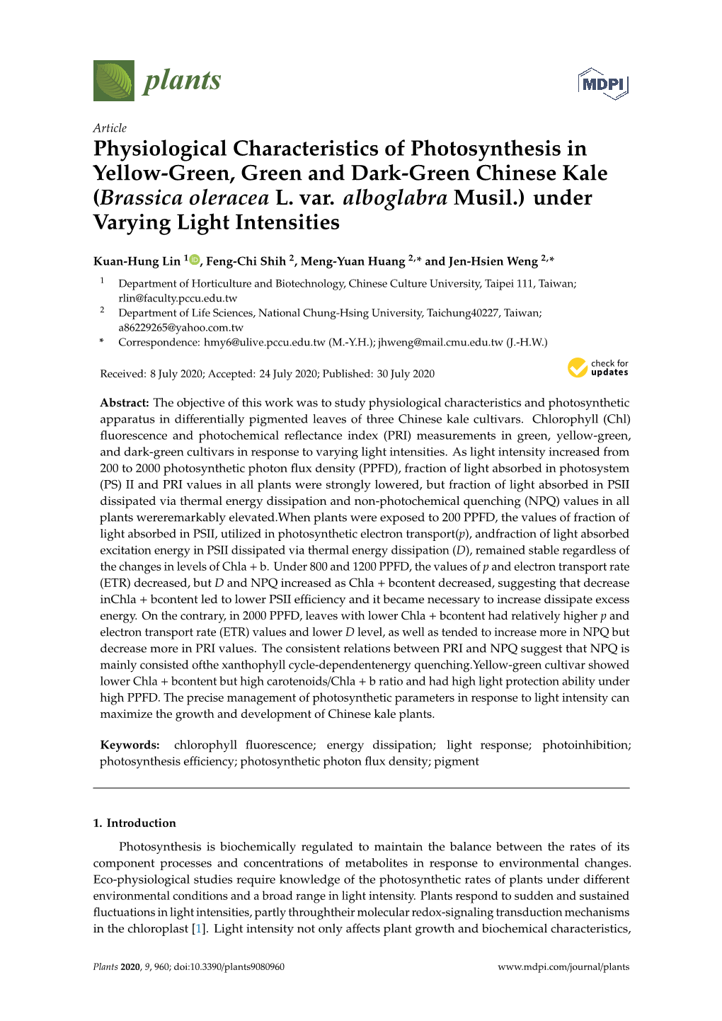 Physiological Characteristics of Photosynthesis in Yellow-Green, Green and Dark-Green Chinese Kale (Brassica Oleracea L