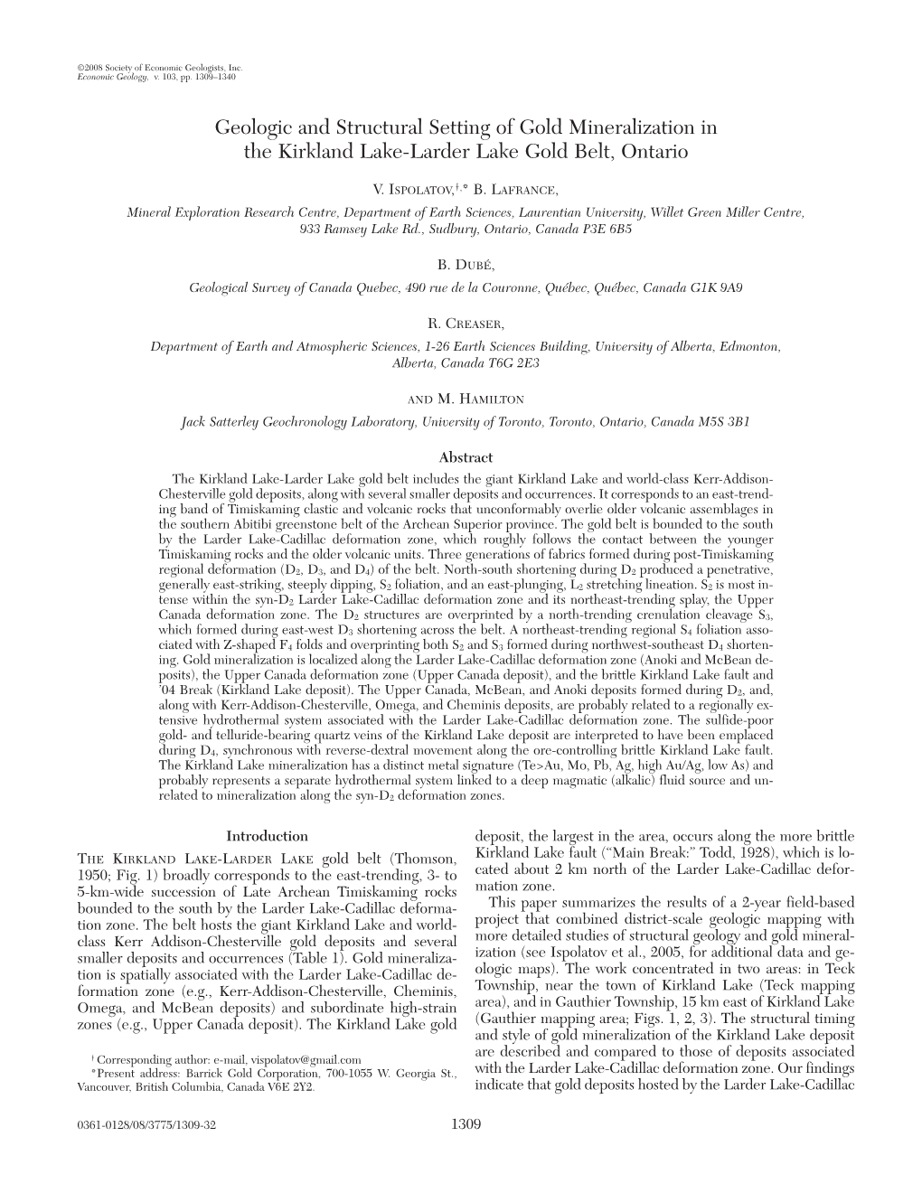 Geologic and Structural Setting of Gold Mineralization in the Kirkland Lake-Larder Lake Gold Belt, Ontario