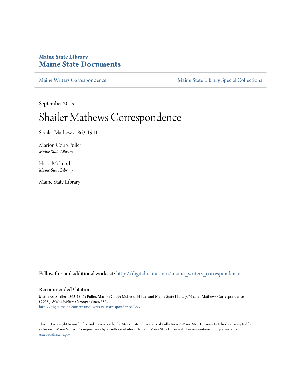 Shailer Mathews Correspondence Shailer Mathews 1863-1941