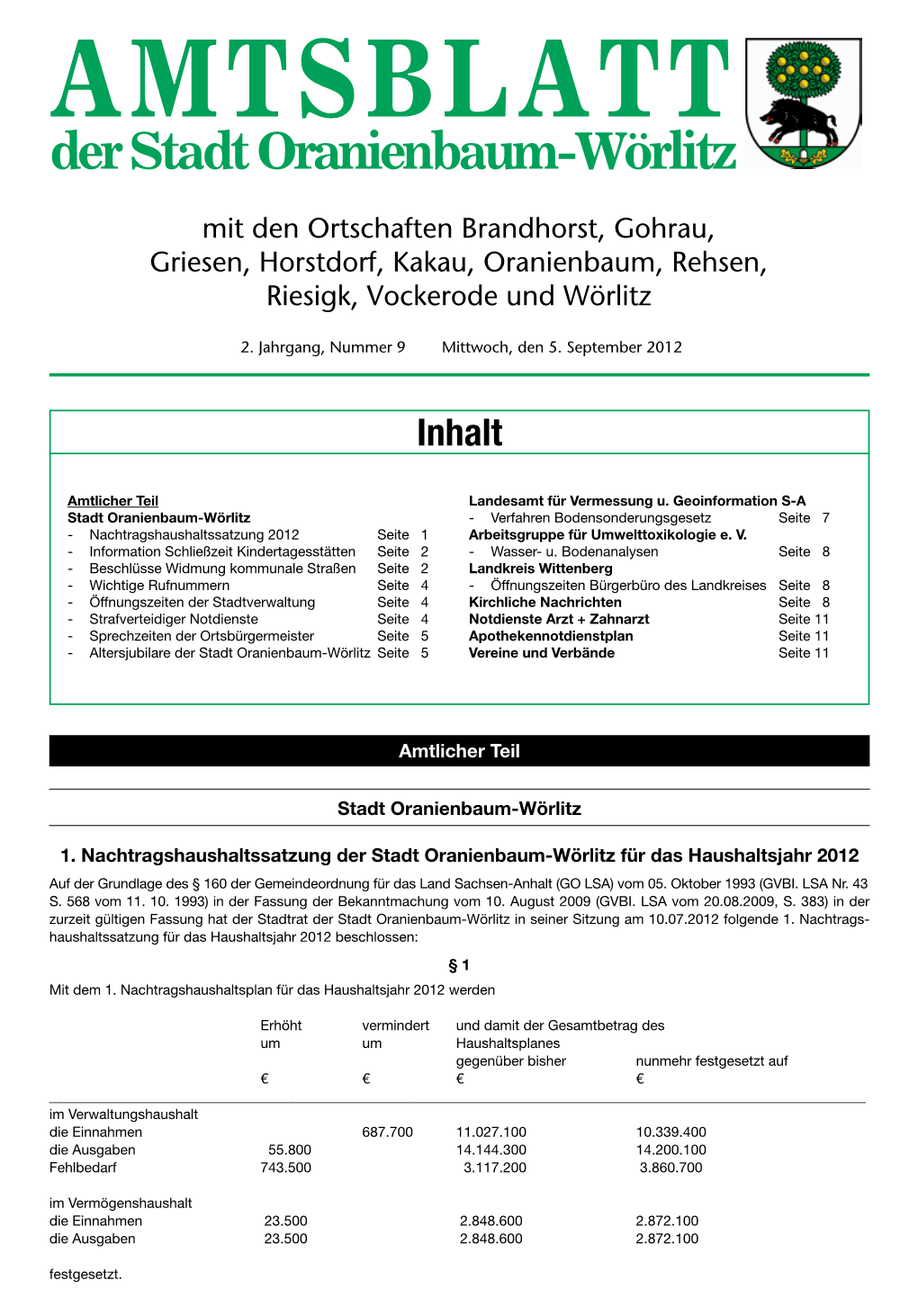 Mit Den Ortschaften Brandhorst, Gohrau, Griesen, Horstdorf, Kakau, Oranienbaum, Rehsen, Riesigk, Vockerode Und Wörlitz