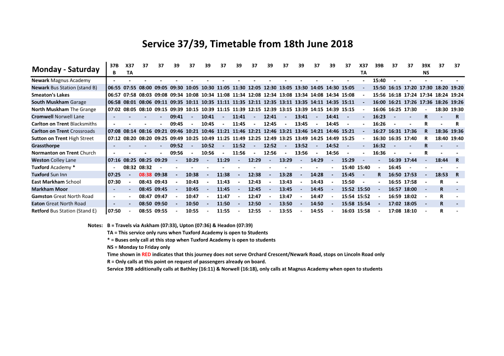 Service 37/39, Timetable from 18Th June 2018