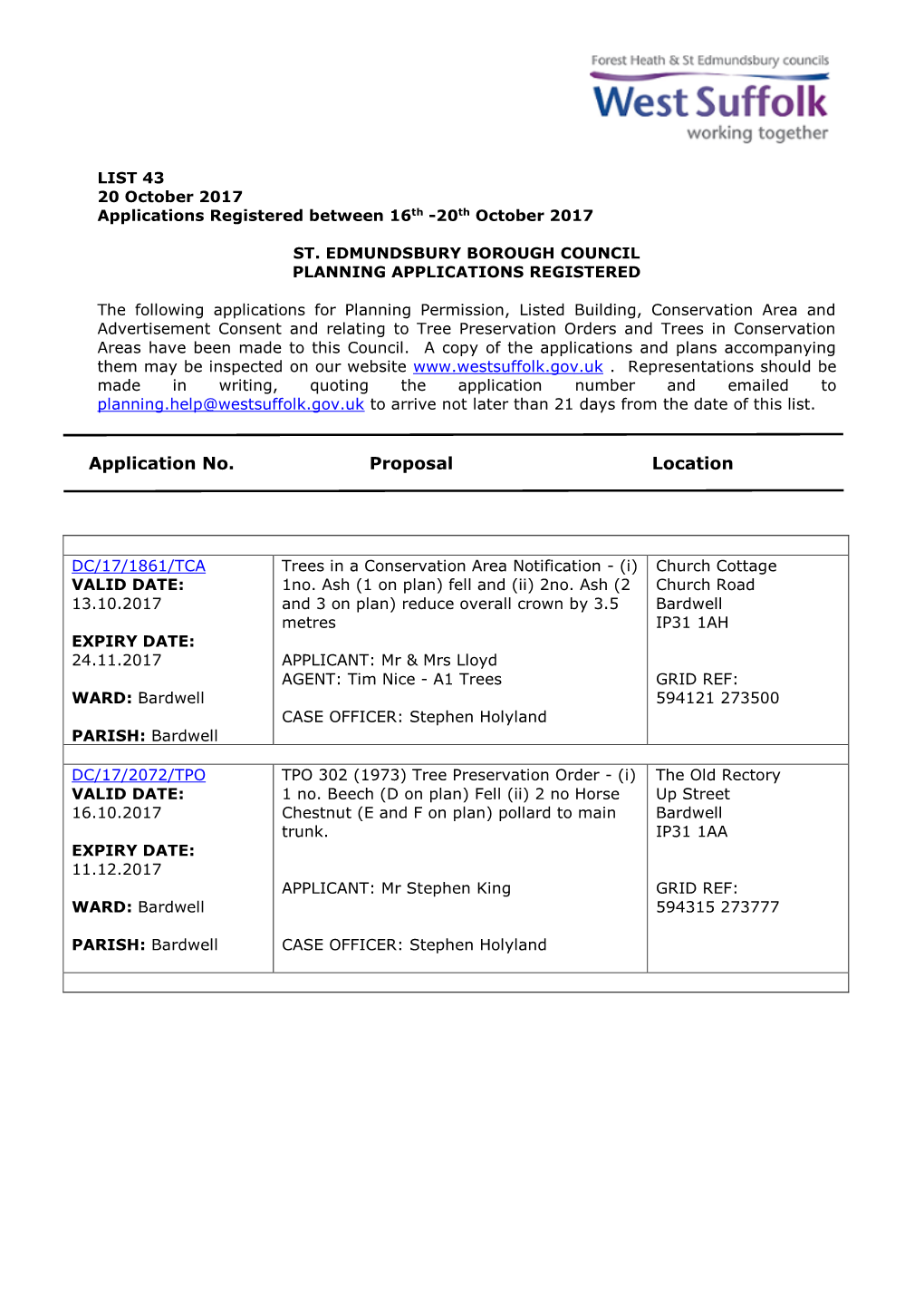 SEBC Planning Applications 43/17