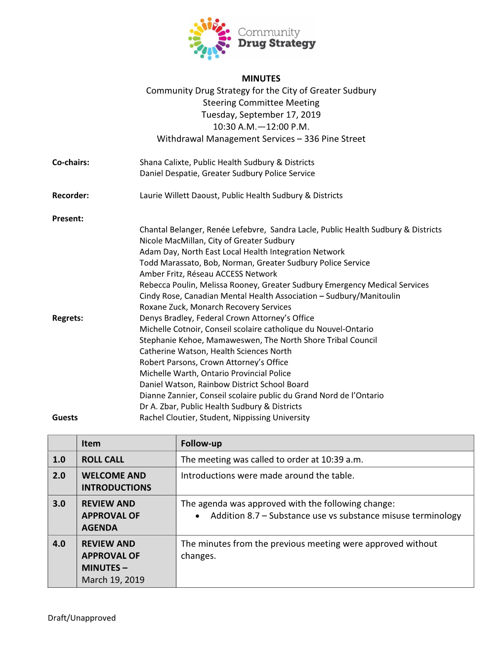 MINUTES Community Drug Strategy for the City of Greater Sudbury Steering Committee Meeting Tuesday, September 17, 2019 10:30 A.M.—12:00 P.M