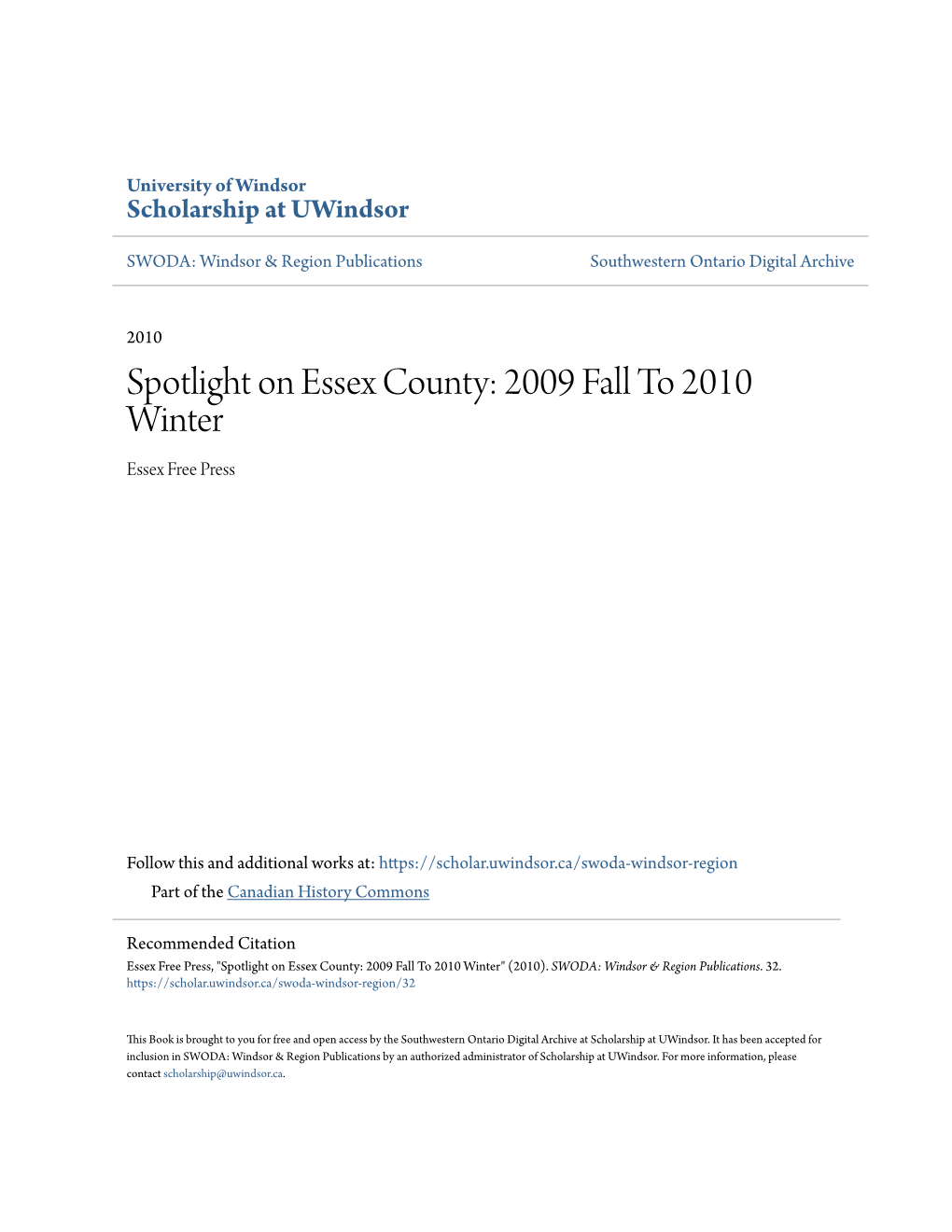 Spotlight on Essex County: 2009 Fall to 2010 Winter Essex Free Press