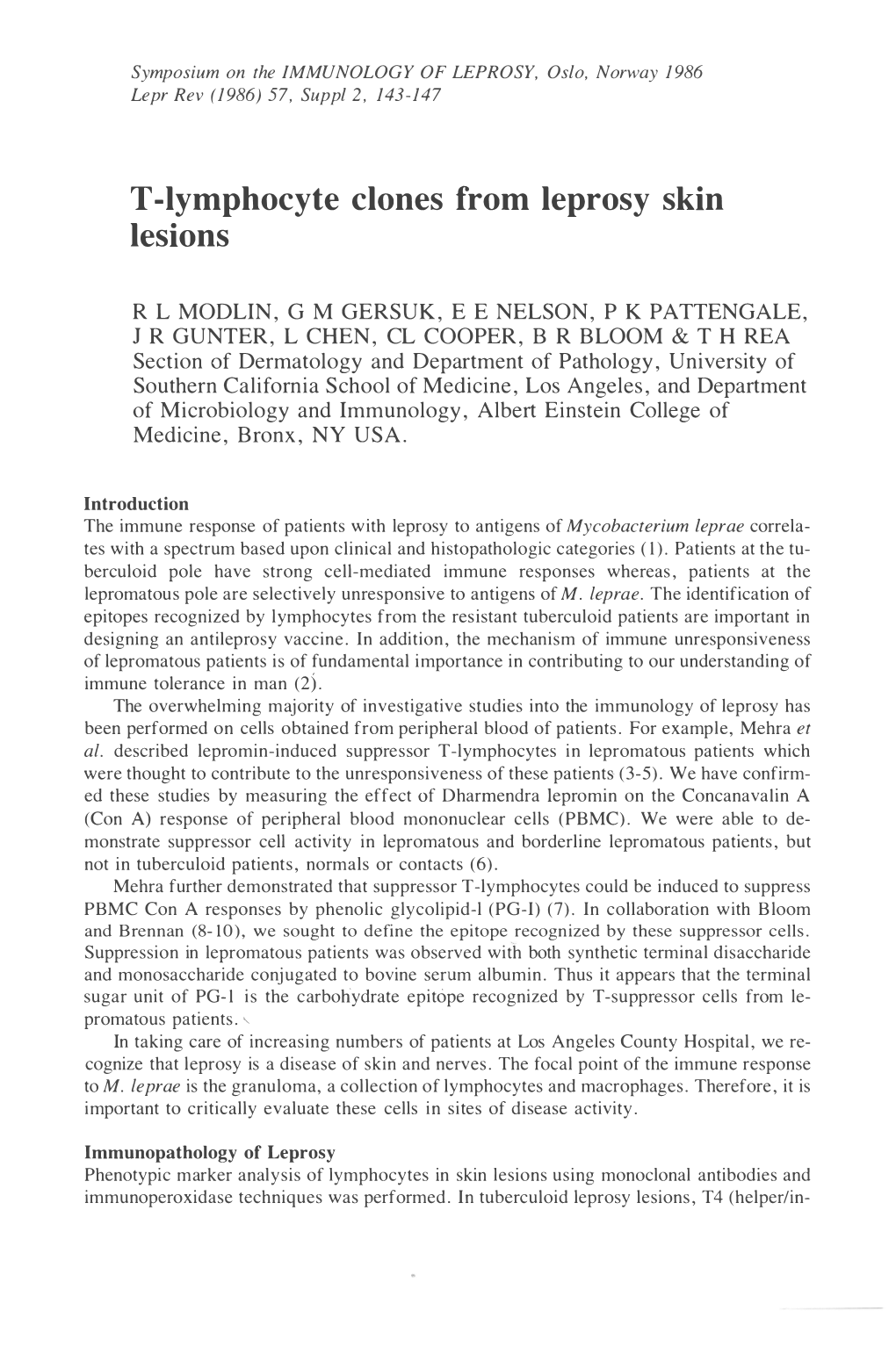 T -Lymphocyte Clones from Leprosy Skin Lesions