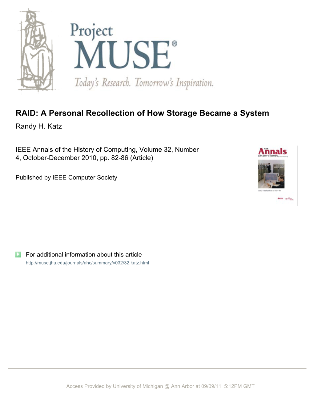 RAID: a Personal Recollection of How Storage Became a System Randy H