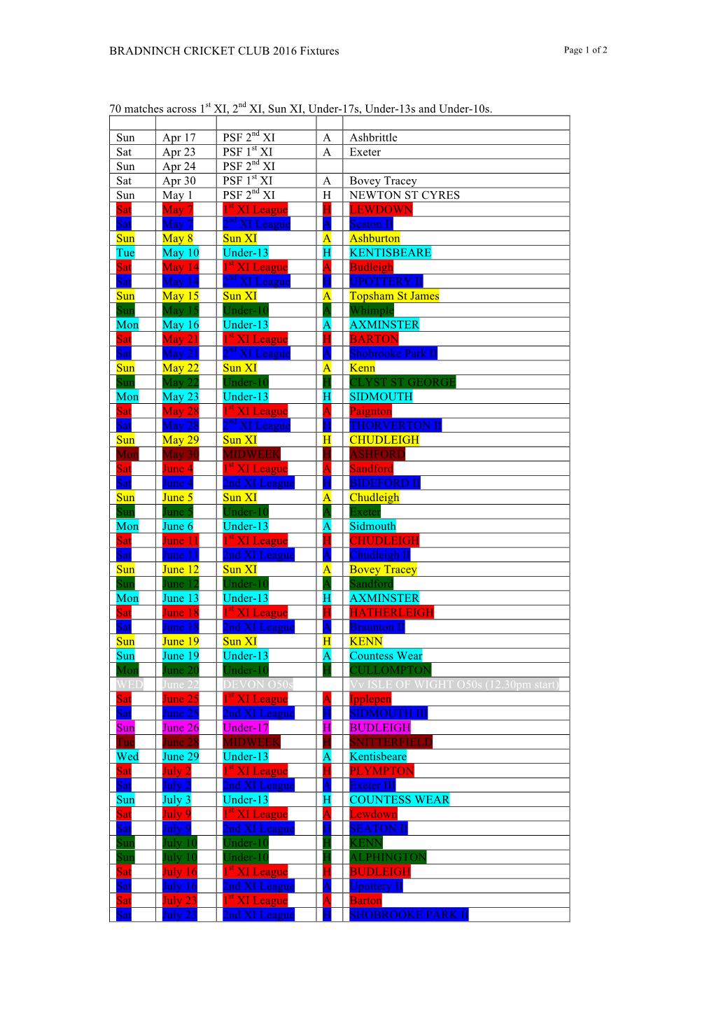 BRADNINCH CRICKET CLUB 2016 Fixtures 70 Matches Across 1St XI