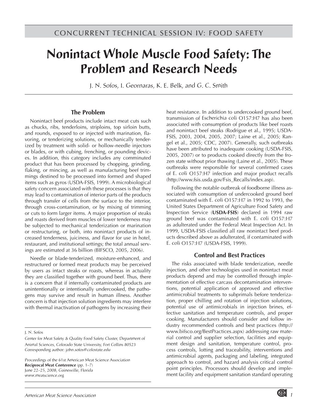 Nonintact Whole Muscle Food Safety: the Problem and Research Needs