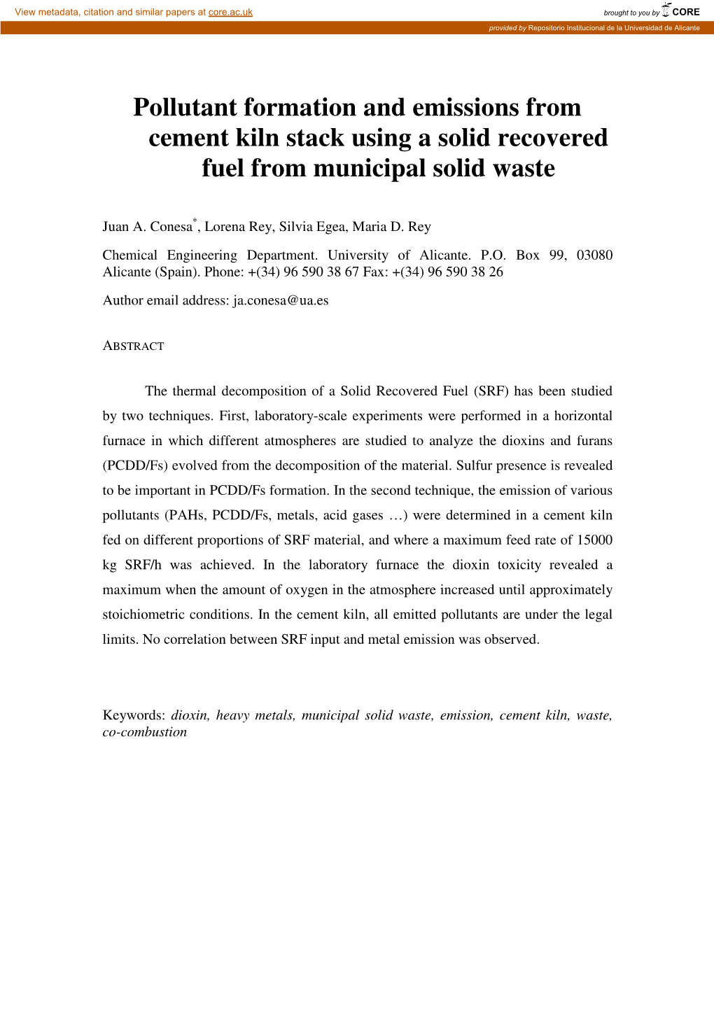 Pollutant Formation and Emissions from Cement Kiln Stack Using a Solid Recovered Fuel from Municipal Solid Waste