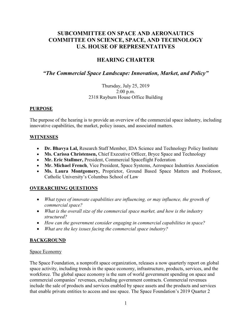 Subcommittee on Space and Aeronautics Committee on Science, Space, and Technology U.S