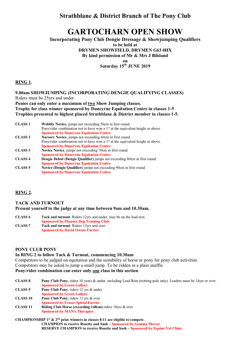 Gartocharn Show Schedule 2019